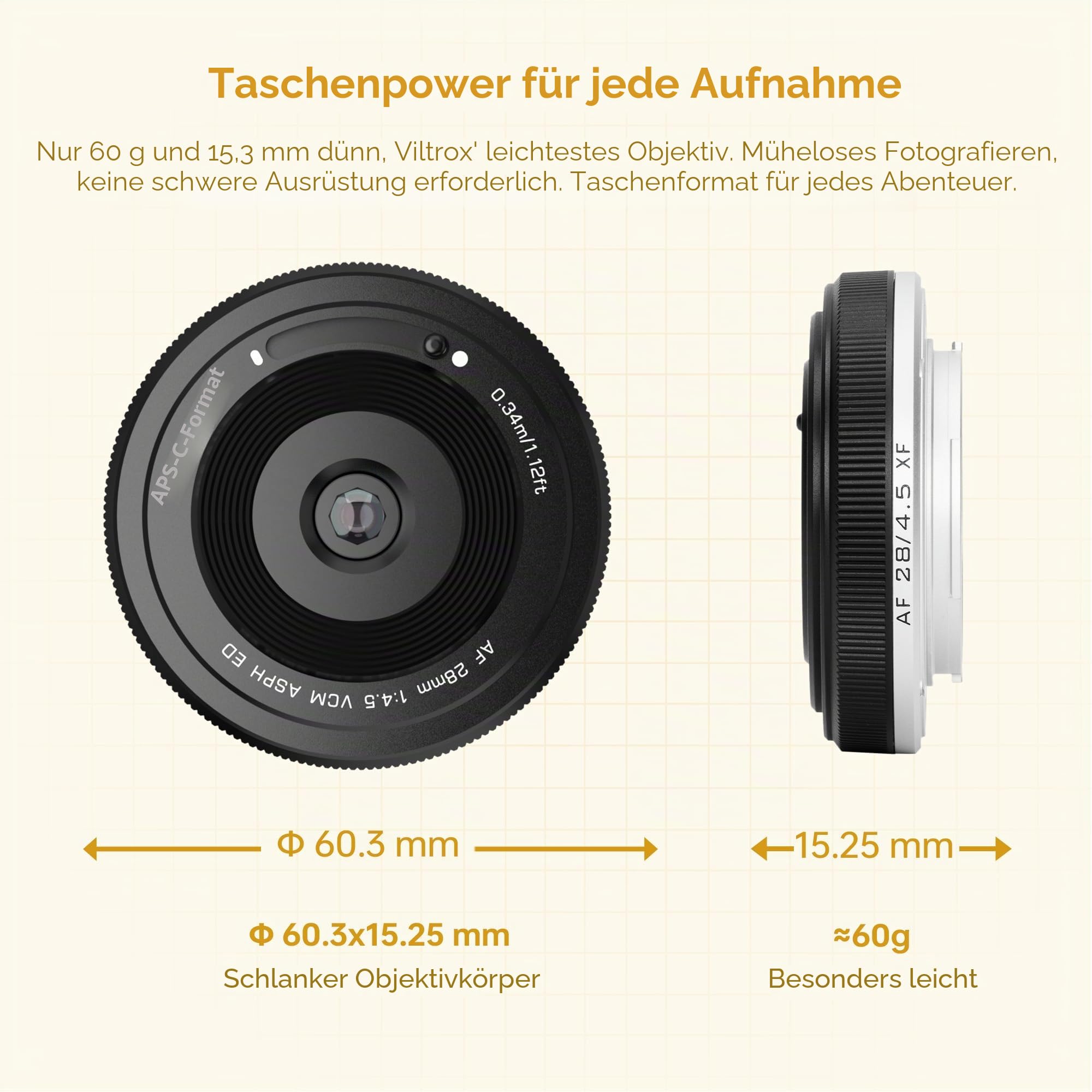 VILTROX 28mm F4.5 XF Objektiv Pancake Autofokus Chips-Größe Weitwinkel X-Mount Objektiv Kompatibel mit Fujifilm X-Mount Kameras X-A1 X-A2 X-A3 X-A5 X-H1 X-T1 X-T100 X-PRO1