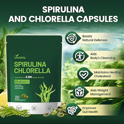 Miniatura 2 de Cápsulas orgánicas de espirulina y clorella  3100 mg  Cápsulas de clorofila  Superalimento vegano rico en proteínas, clorofila, vitaminas y