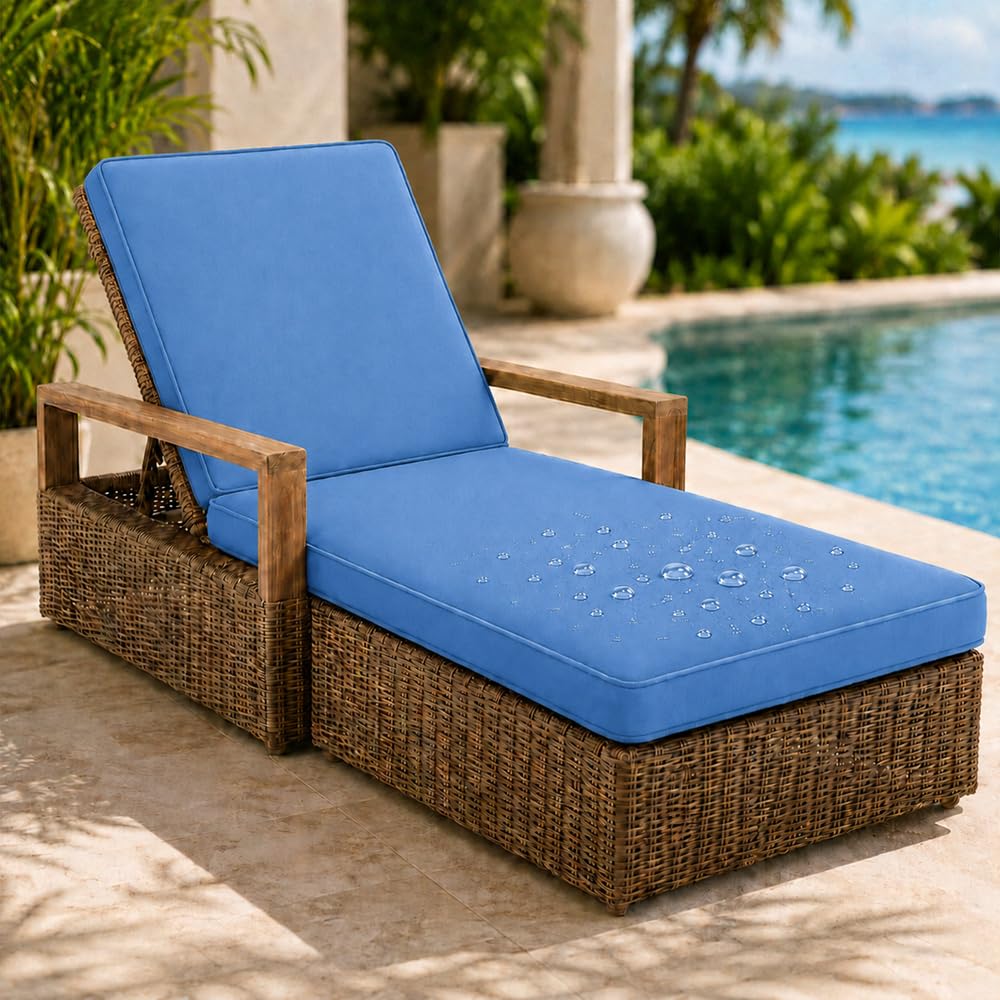 AZMAHT Sun Lounger Cushion Replacement Cushions Only, Waterproof 2 Section Lounger Cushion with Removable Cover, Anti-Slip Pad with 6 Straps for Garden Sunbed,Sky Blue,193x56x8cm