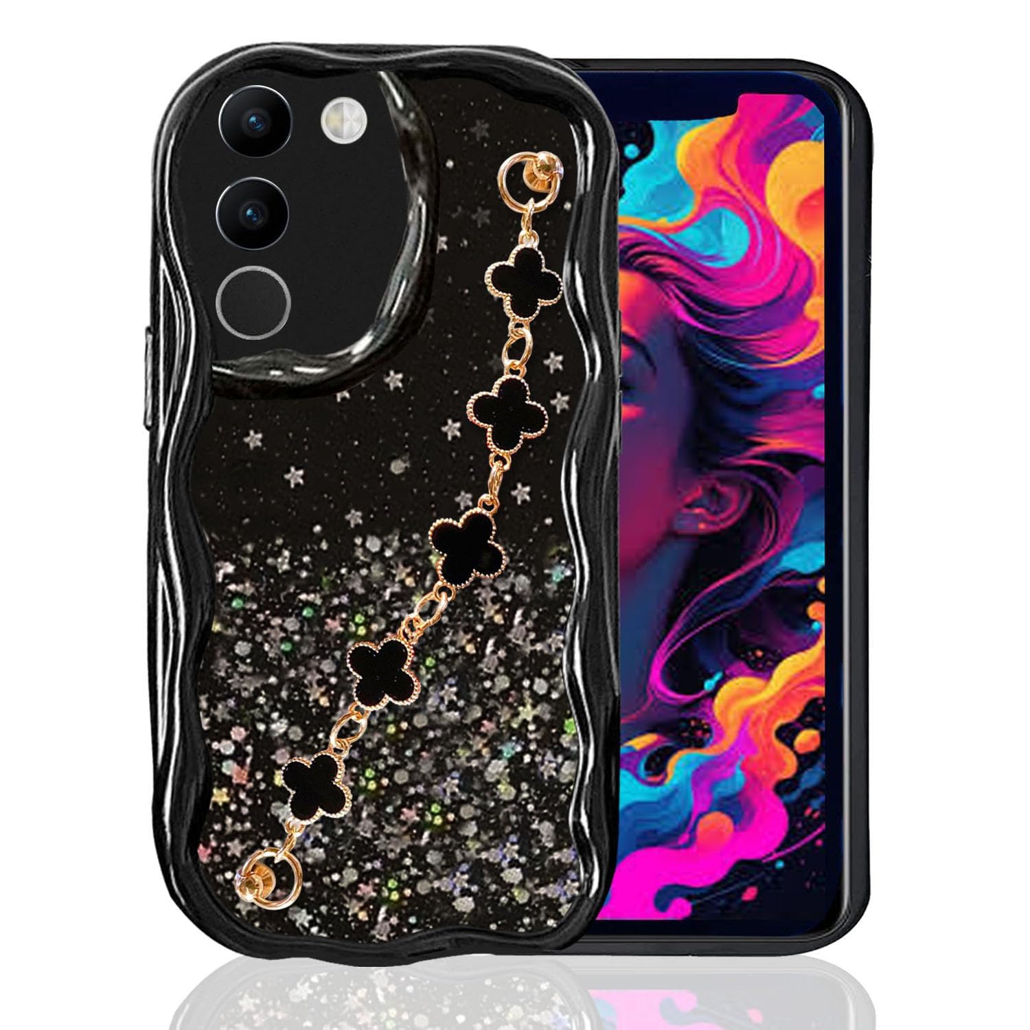 KC Back Cover for Vivo Y200 5G - Non Moving Dry Fixed Glitter Tiny Flowers Bracelet Chain Wave Shape Shockproof Bumper Soft Silicone Case with Camera Protection (Black) (B0D1BRL9YQ) Amazon Price History, Amazon Price Tracker