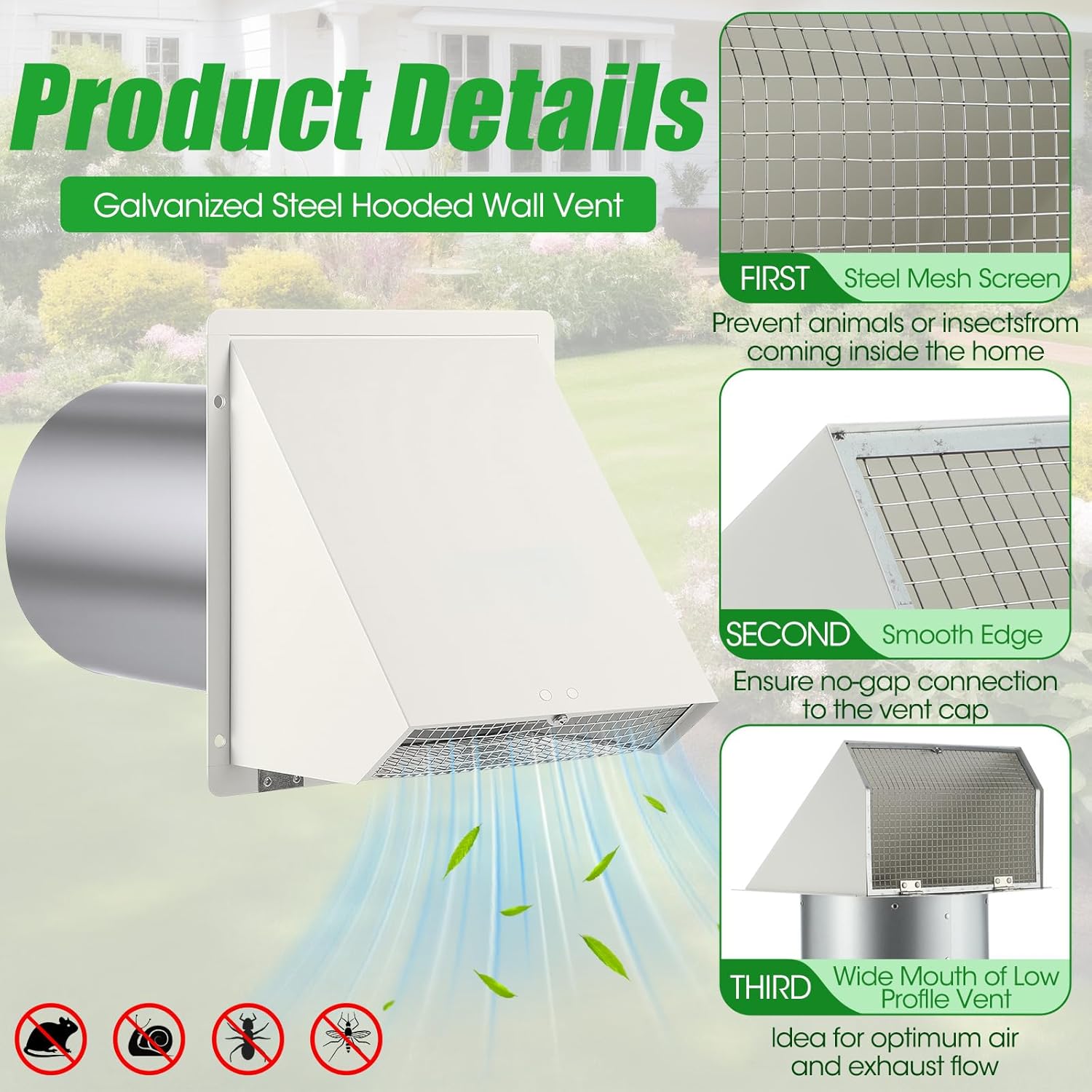 Shimeyao 6 Inch Wall Vent Cover - Hooded Dryer Vent Cover Outside with Damper and Screen White Wall Cap for Exterior Kitchen Range Hood Ventilation Dryer HVAC Duct Air Exhaust