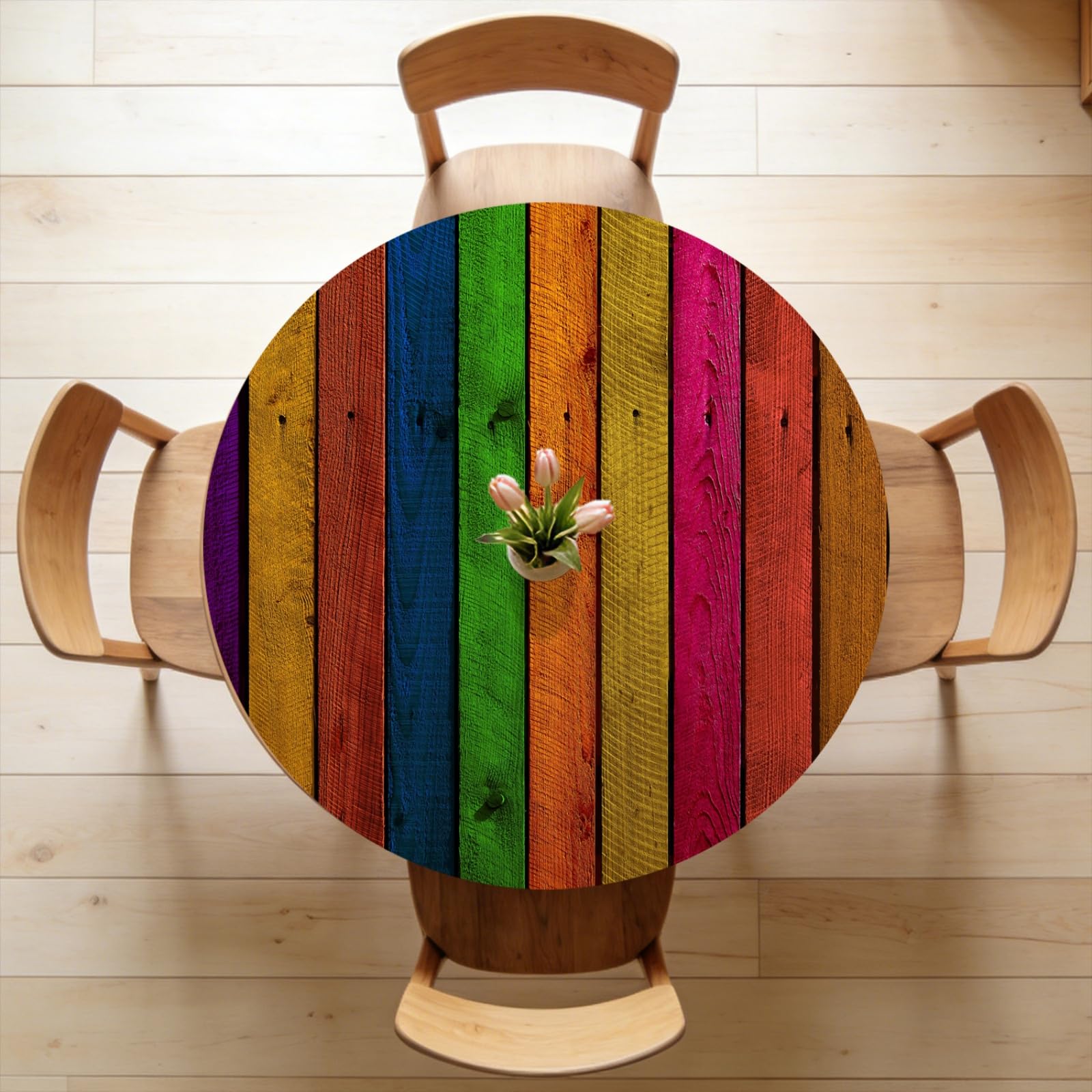 Odot Round Tablecloth Wipe Clean 60-160cm, Colored Wood Round Outdoor Table Cover Fitted Elastic Edged Washable Circle Table Cloth Protector Decorative for Kitchen Dining Room (Rainbow,120cm)