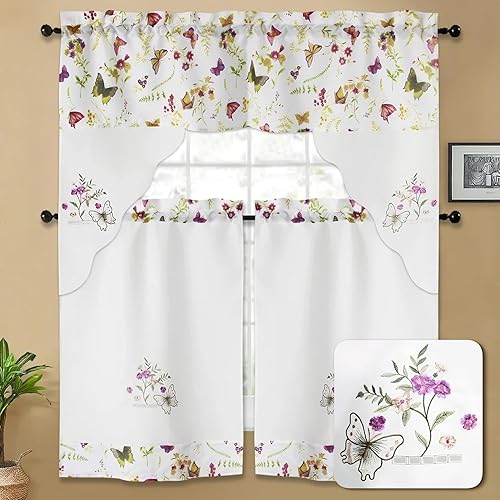 Miniatura 7 de YHSF Set de cortinas de cocina de 3 piezas con cenefa - Juego de cortinas de ventana de 2 niveles y cenefa con diseño de bolsillo para barra,