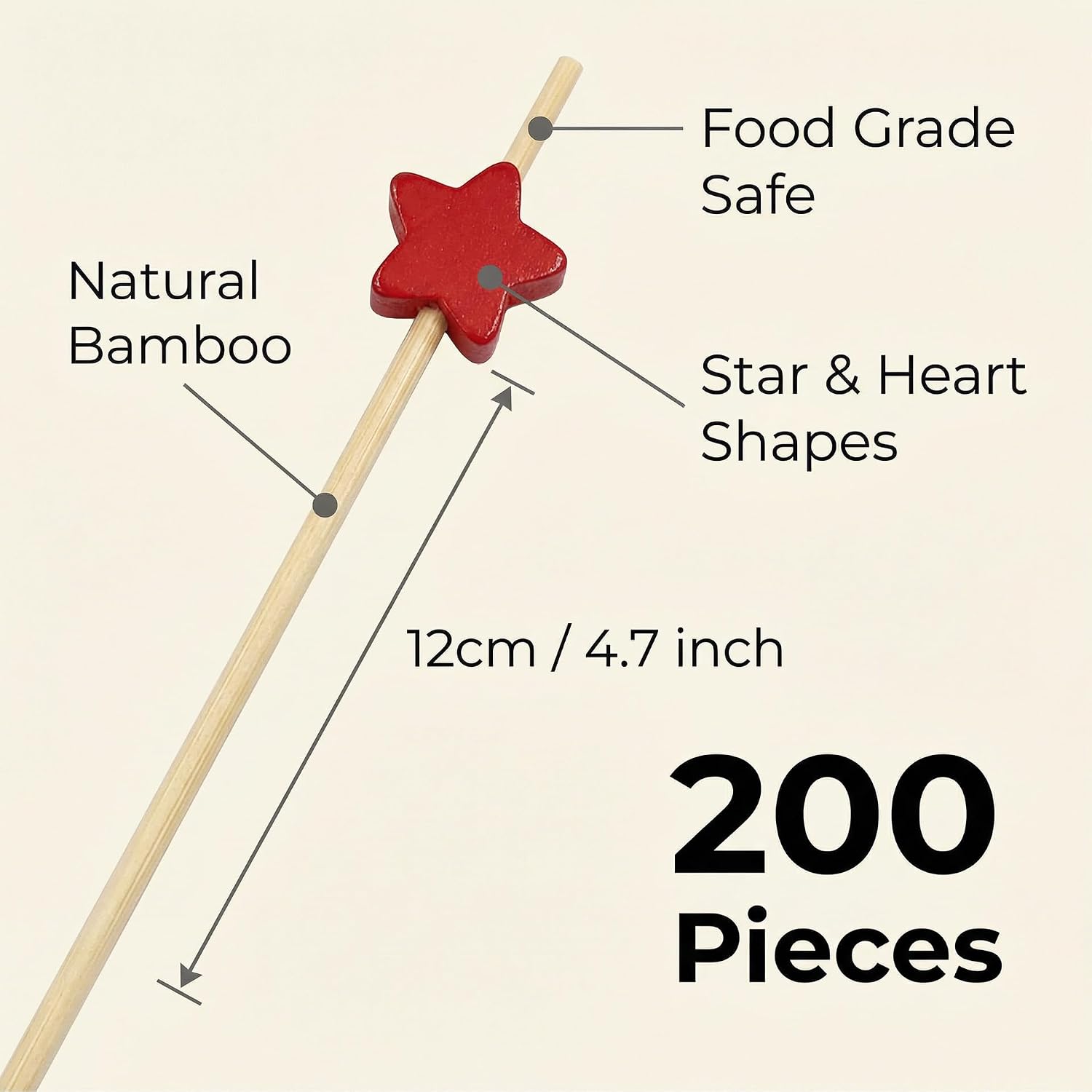 200 Count Bamboo Cocktail Picks Colorful Heart and Star Appetizer Skewers