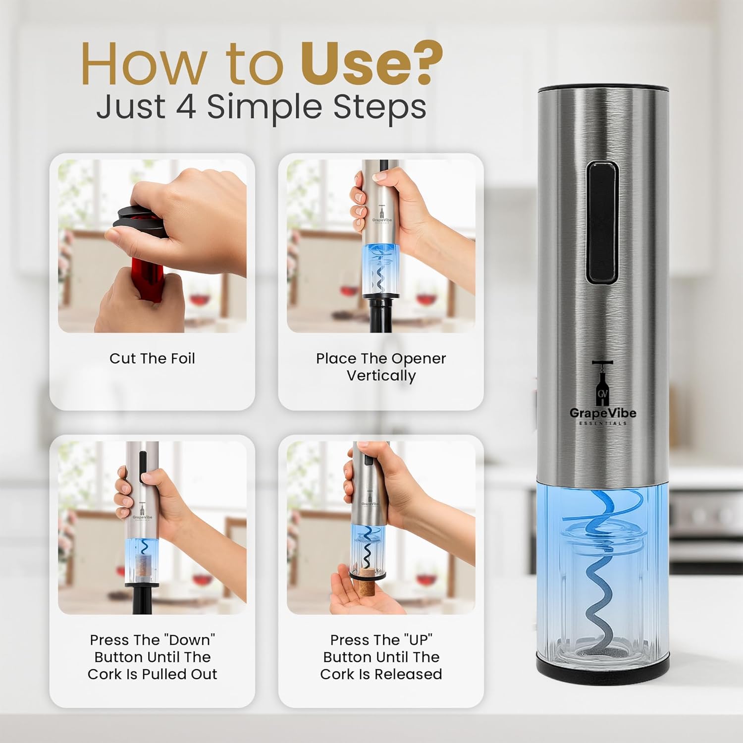 GrapeVibeEssentials 5-in-1 Electric Wine Opener Gift Set– Rechargeable Automatic Wine Bottle Opener with Charging Base, Foil Cutter, Aerator Pourer & Vacuum Stoppers