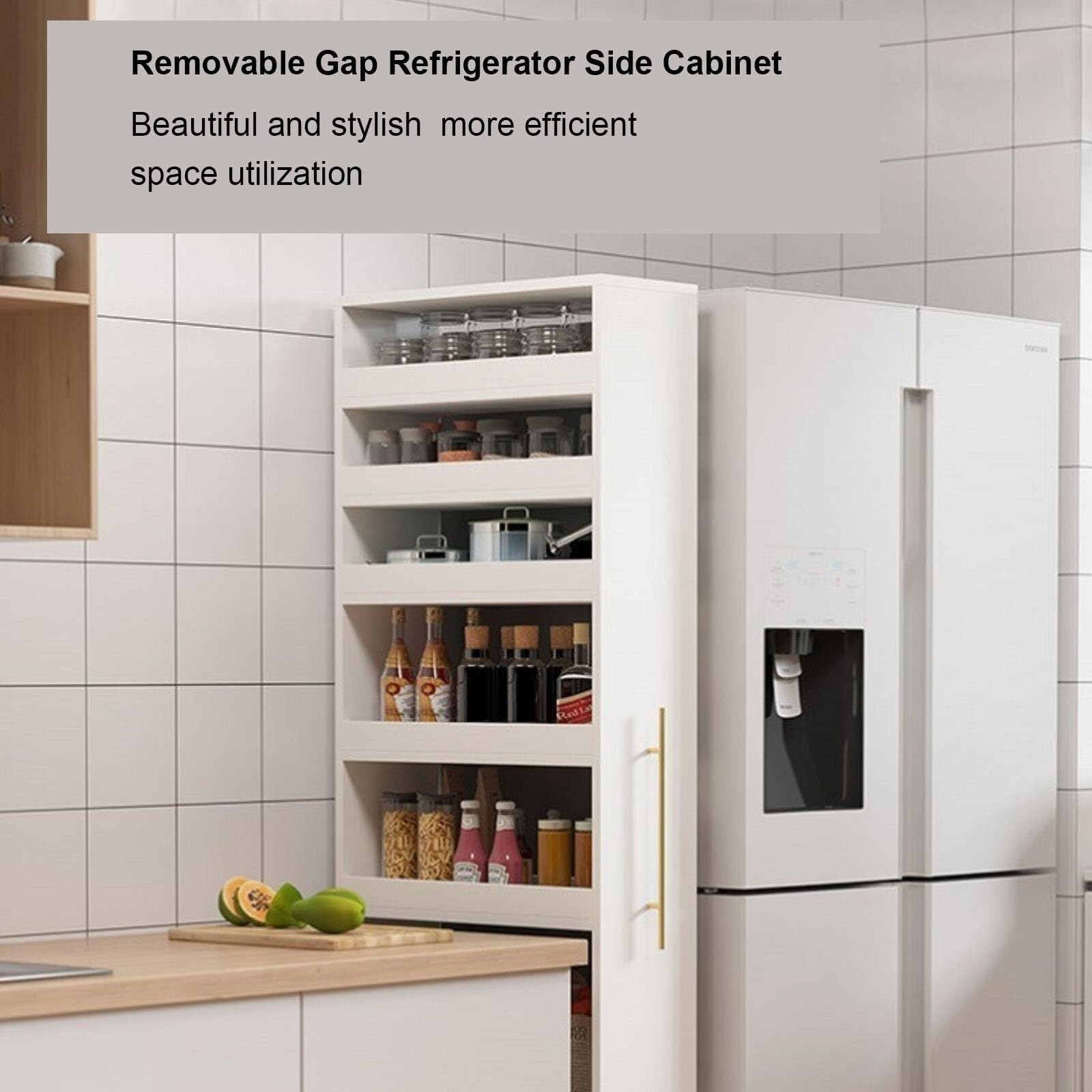 Großer schmaler Rollwagen für die Küche, schmaler Allzweckschrank mit Rollen und Griff, ausziehbar für kleine Räume, helles Walnussholz-Finish