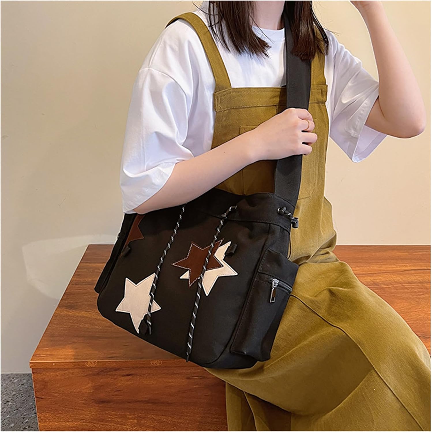 Women's Hippie Crossbody Bag Canvas Handbag Top Zipper Canvas Sling Strap Crossbody Bag Casual Handmade Bag (black)