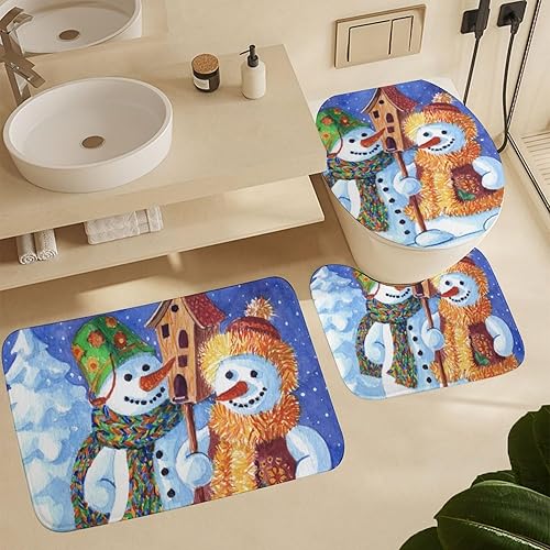 Miniatura 1 de Juego de 3 alfombras de baño con diseño de muñecos de nieve en acuarela, diseño de pájaros, antideslizantes, lavables, absorbentes, de secado