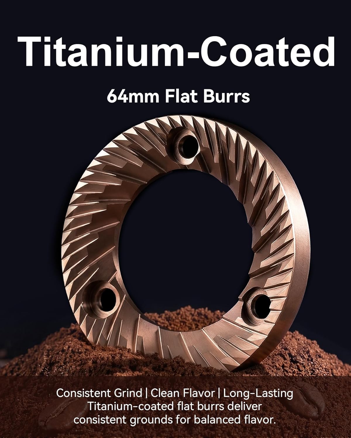 MOKKOM Professional 64mm Plated Flat Burr Coffee Grinder with 100 Grind Settings, All-Metal Stainless Steel Body, Coffee Bean Grinder with Adjustable Electronic Timer, Anti-Static, LED Display Titanium Flat Burrs