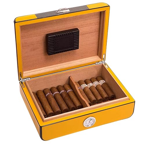 Bey-Berk Yellow Lacquered Cigar Humidor – Holds 25 Cigars, Spanish