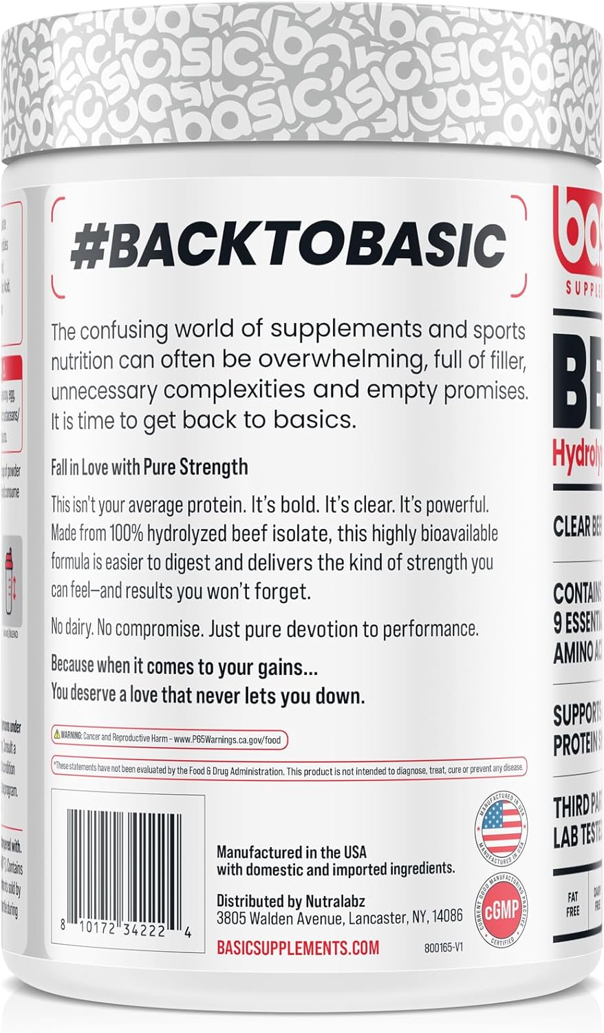 BASIC SUPPLEMENTS Hydrolyzed Clear Beef Isolate Protein Powder, 27g Protein, 9 Essential Amino Acids, Fat-Free, Dairy-Free, Sugar-Free, Lactose-Free, Supports Muscle Protein Synthesis
