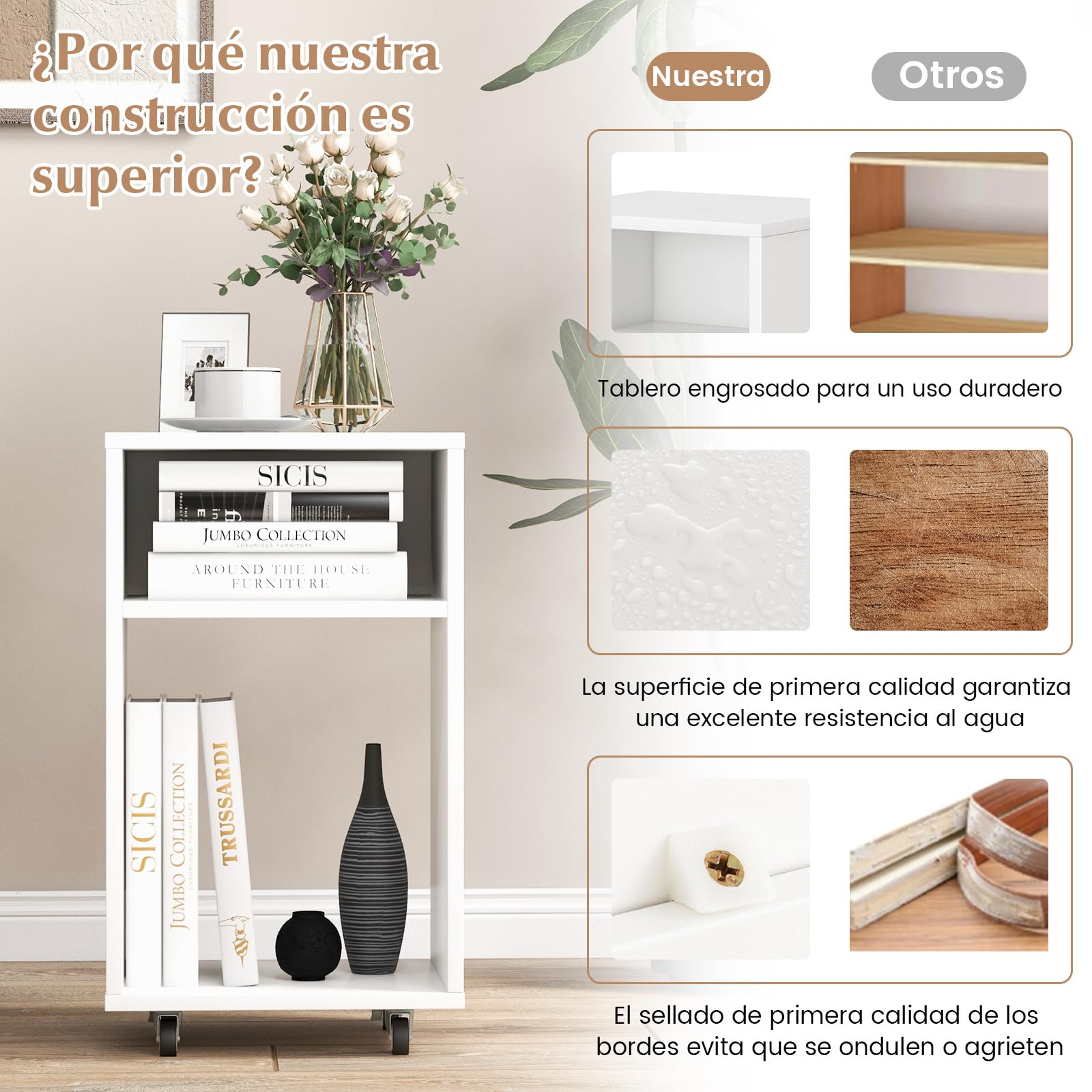 COSTWAY Cajonera Escritorio, Cajonera Oficina con 2 Estantes Abiertos, Cajonera con Ruedas, 33 x 30 x 58 cm, Soporte para Impresora Casa, Oficina, Blanco