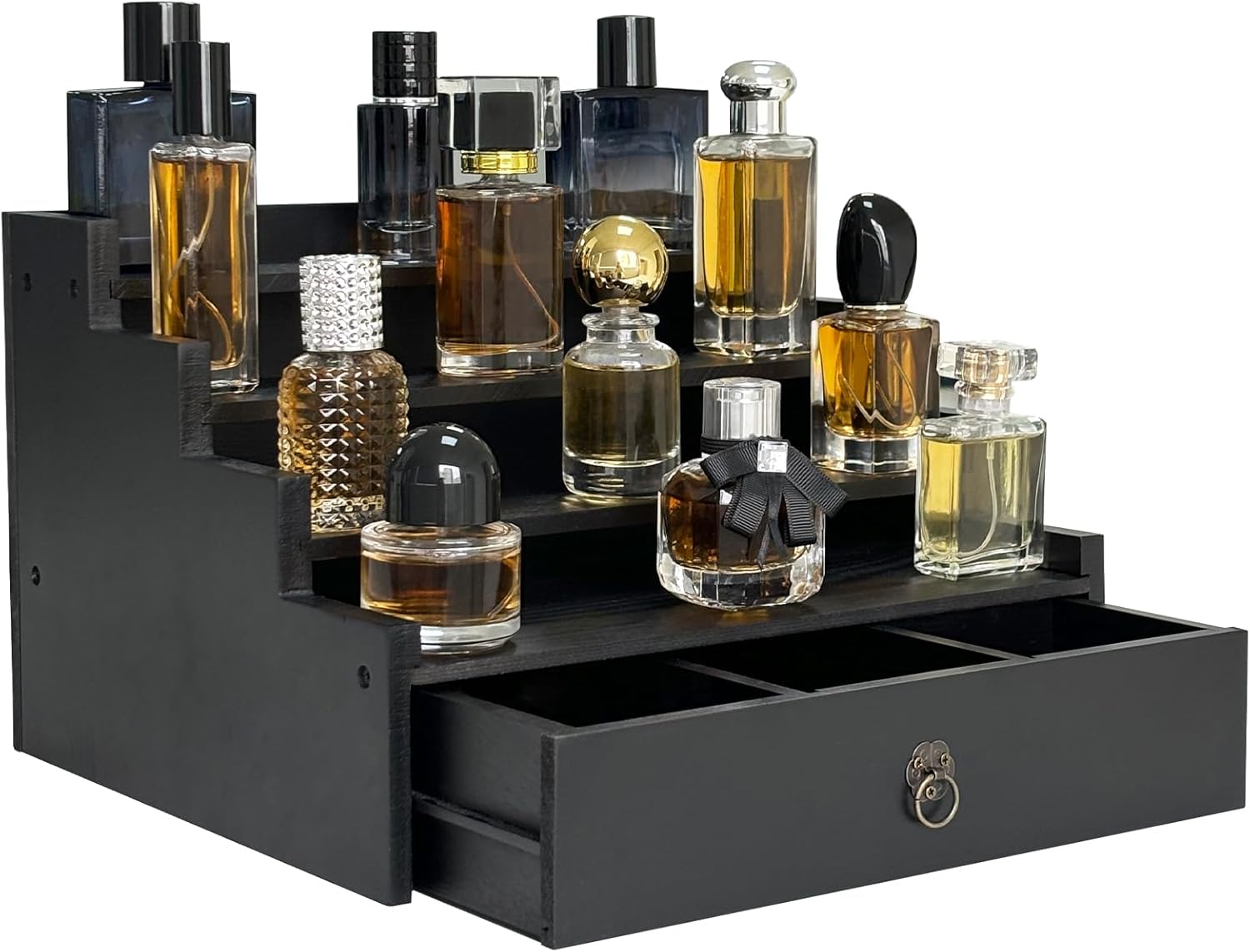 Cologne Organizer for Men, 4-Tier Pine Perfume Display Organizer with Drawer and Removable Compartment, Gift Idea for Men/Dad/Husband (Black)