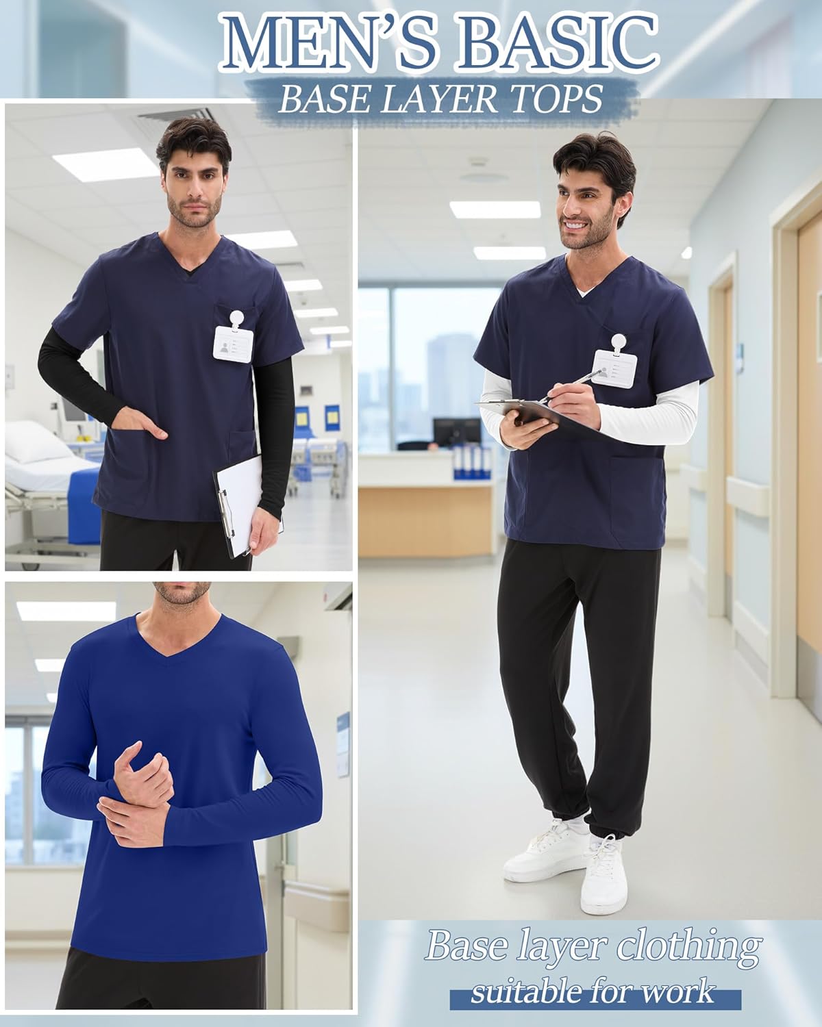 3 Pack Men's Long Sleeve Underscrub Nurse V Neck Scrub Undershirts Fitted Base Layer Tees for Medical Uniforms - Image 6