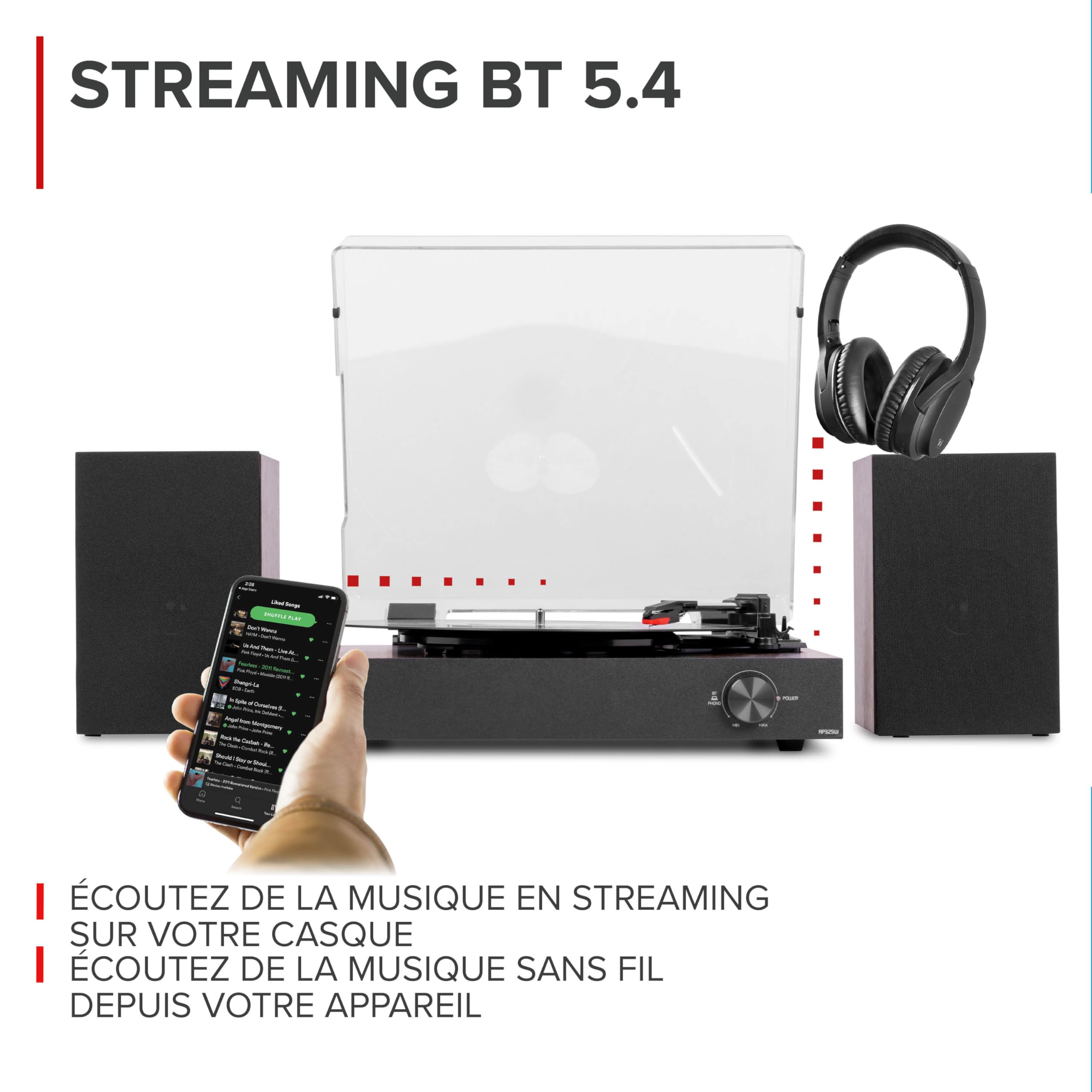 Audizio RP325W - Platine Vinyle Rétro Noyer Noir avec Enceintes Intégrées (60W), BT sans Fil Bidirectionnel, 33/45/78 Tours, Capot Amovible, Lecteur Vinyle Tout-en-Un