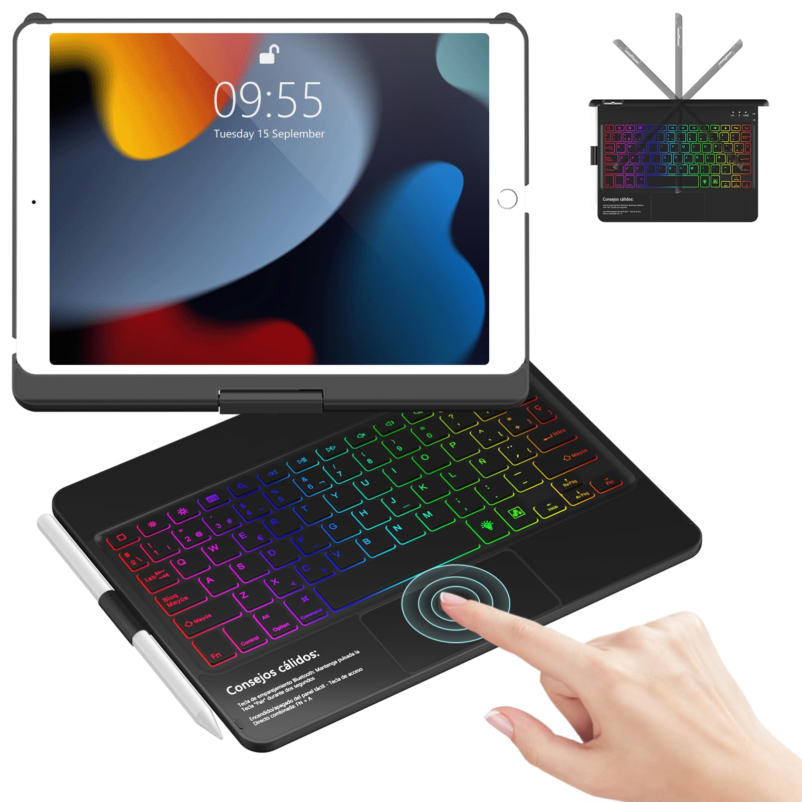 Funda Teclado iPad 9/8/7ª con Touchpad Giratorio 360° y 7 Retroiluminado | iPad 9ª Generación Funda con Soporte para Lápiz, Español Ñ Bluetooth Trackpad Teclado para iPad 10,2 pulgadas (Negro) Global Recycled Standard Global Recycled Standard Global Recycled Standard