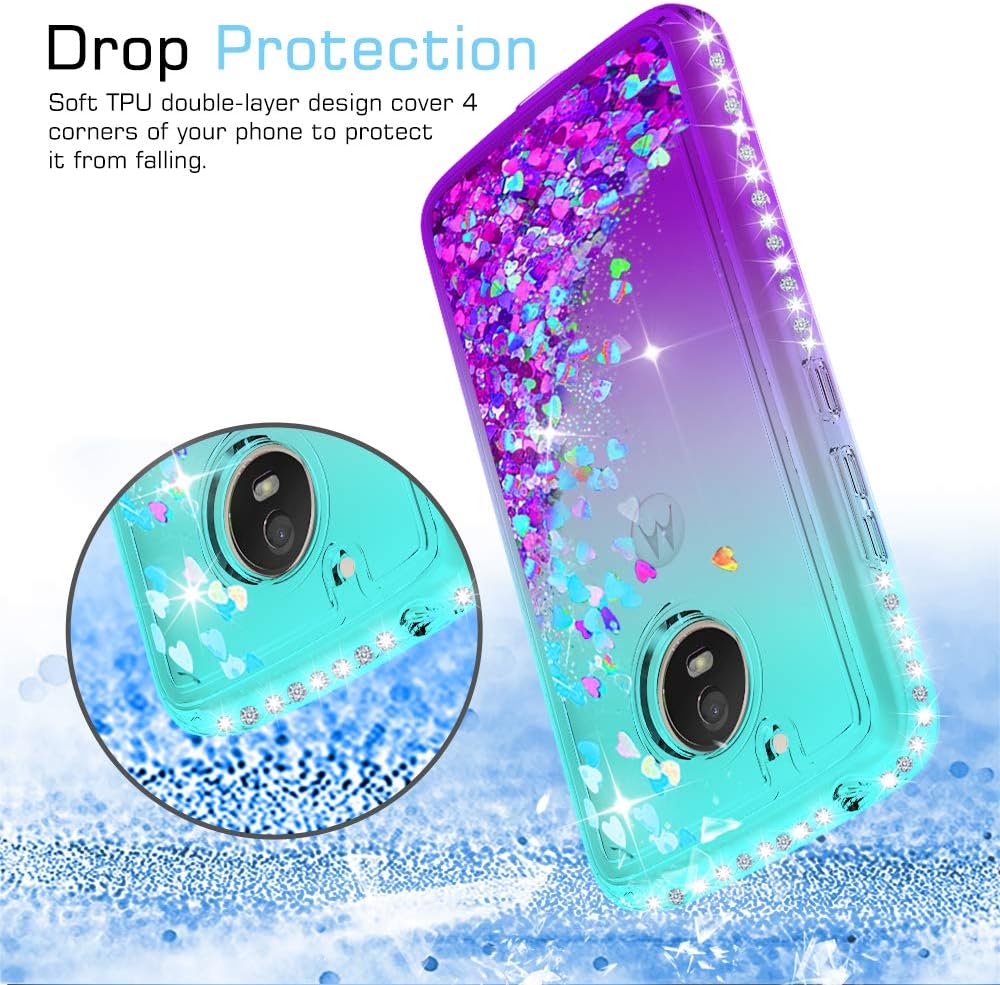 LeYi Moto E4 Case (USA Version) (Not Fit E4 Plus) with Tempered Glass Screen Protector [2 Pack] for Girls, Glitter Diamond Liquid Protective Phone Case for Motorola E (4th Generation) Teal/Purple