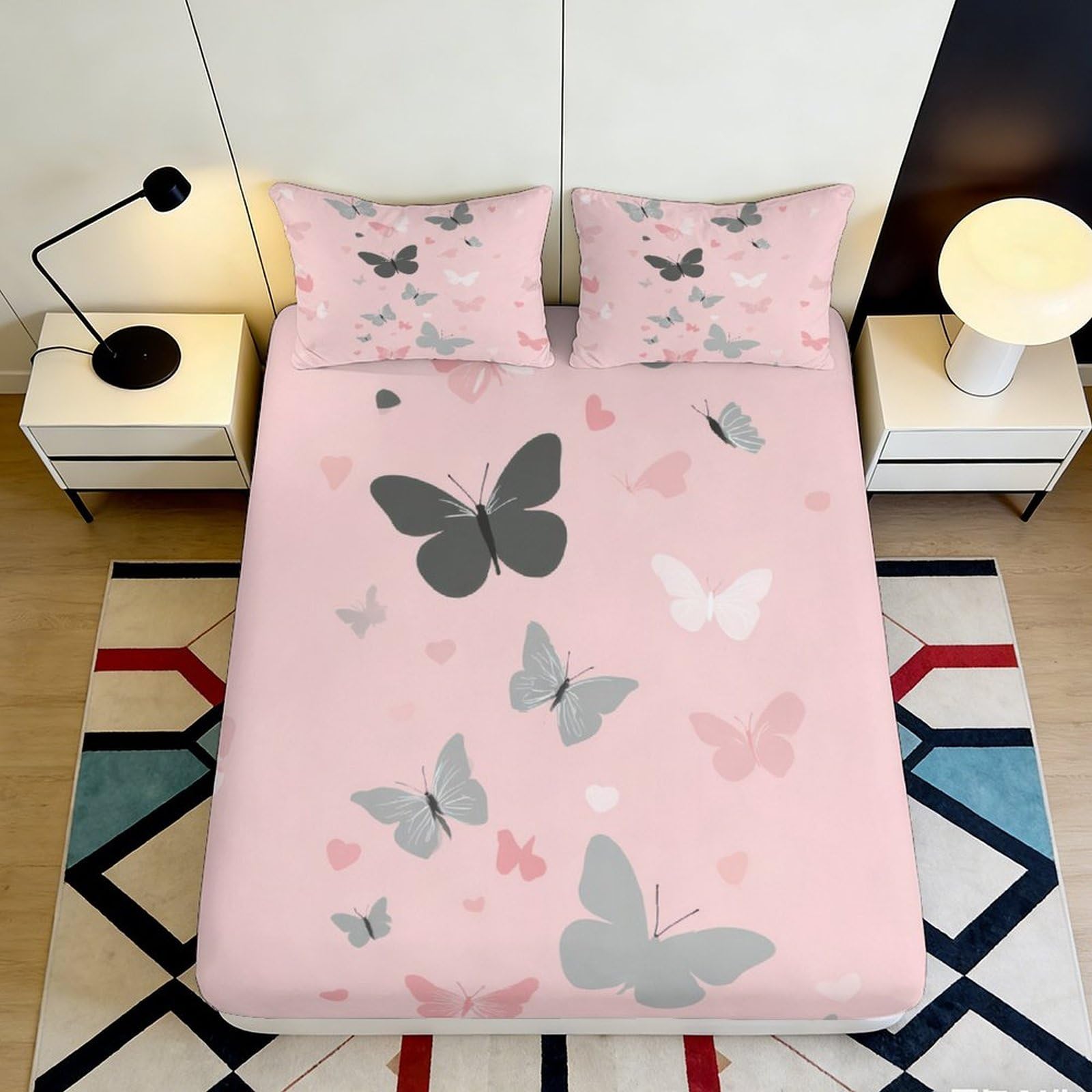 Jqzkxnhpbr Style-7 3D Printed Pink Butterfly Fitted Sheet Microfiber Soft Breathable Grey Butterfly Mattress Cover Bedroom Dorm Decor 90X200x25cm