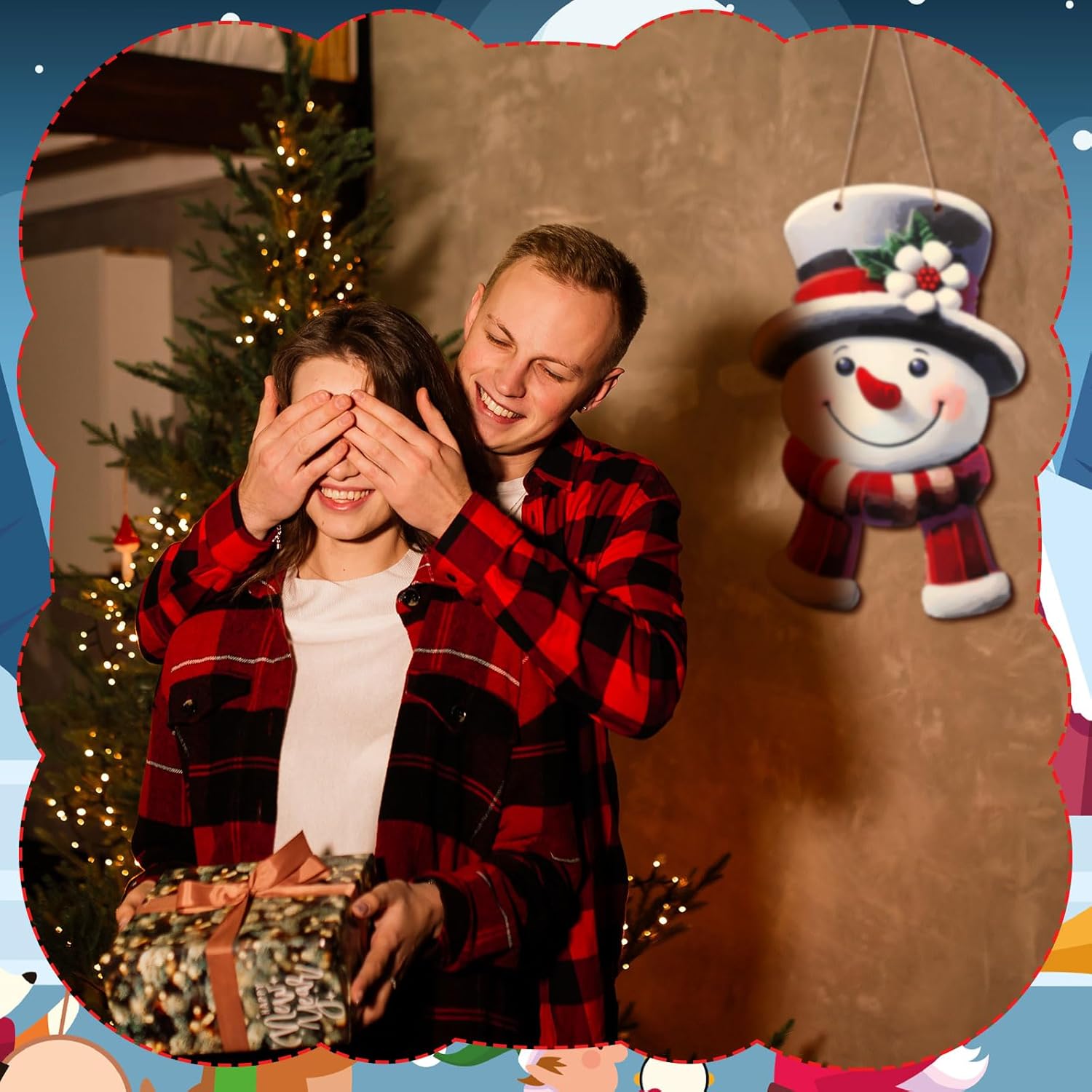 Vicenpal Winter Snowman Wooden Hanging Sign Farmhouse Rustic Christmas Door Welcome Wreath Decoration for Xmas Party Indoor Outdoor Home Wall Window Front Door Decor(Lovely Style) - Image 4