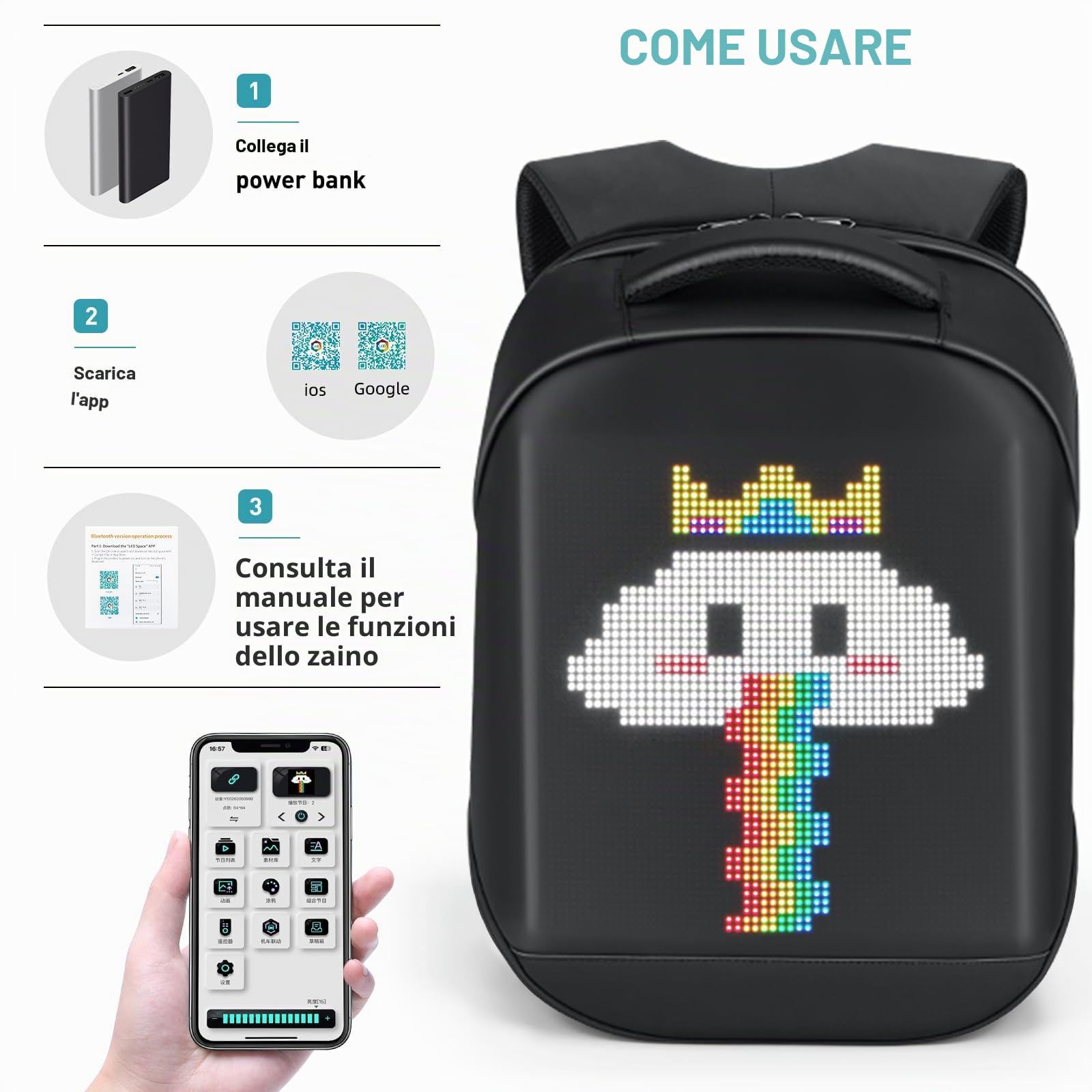 Gelrova LED Zaino con controllo tramite app, display LED dinamico, zaino per laptop, leggero e resistente, spazio multifunzionale per uomini e donne (nero)