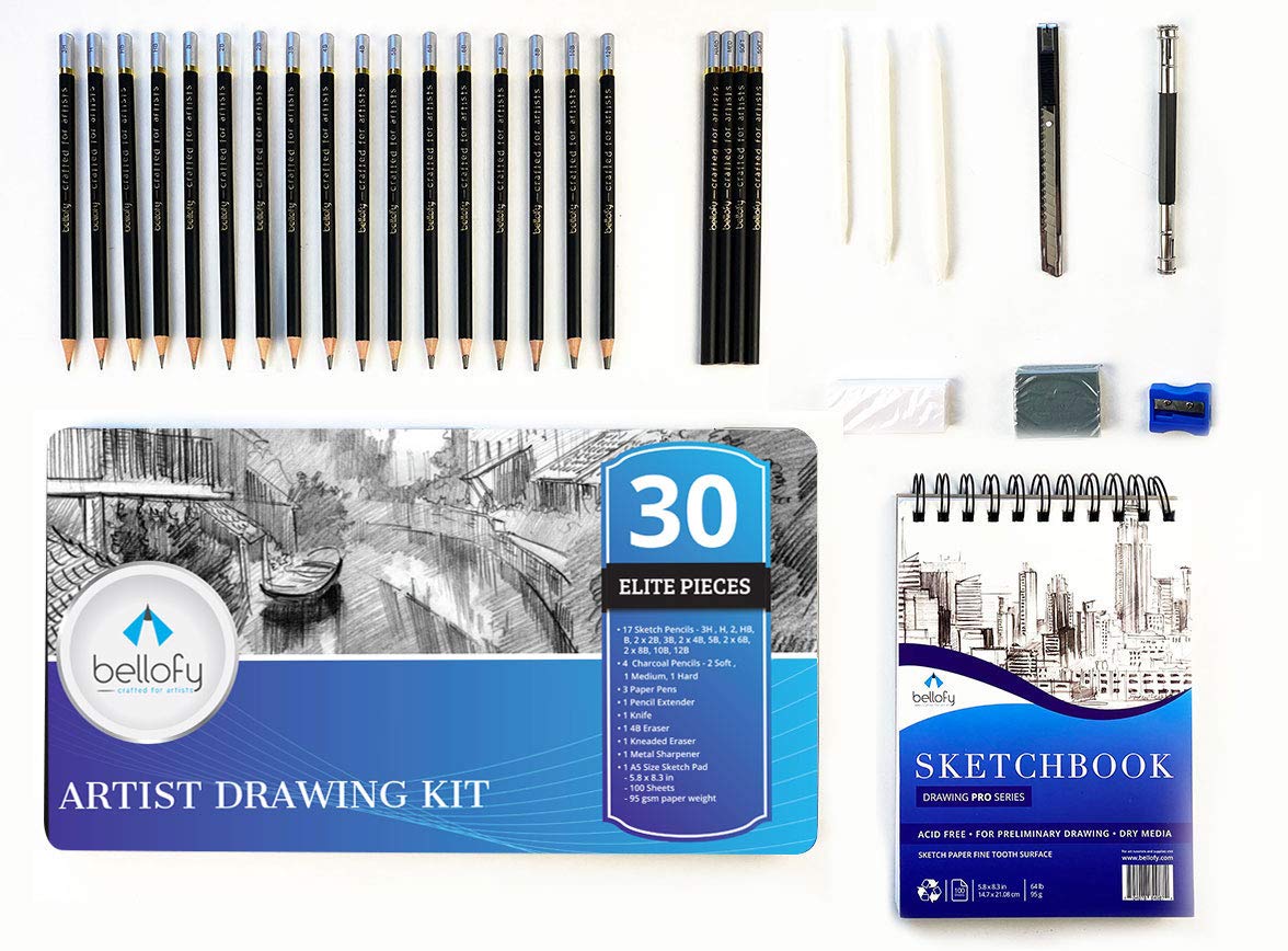 Bellofy30 Piece Drawing Set with Sketch Pad | Sketch Kit for Artists | Drawing Supplies for Beginners & Professionals | A5 100-Sheets Sketch Book, Graphite & Charcoal Pencils | Art Supplies