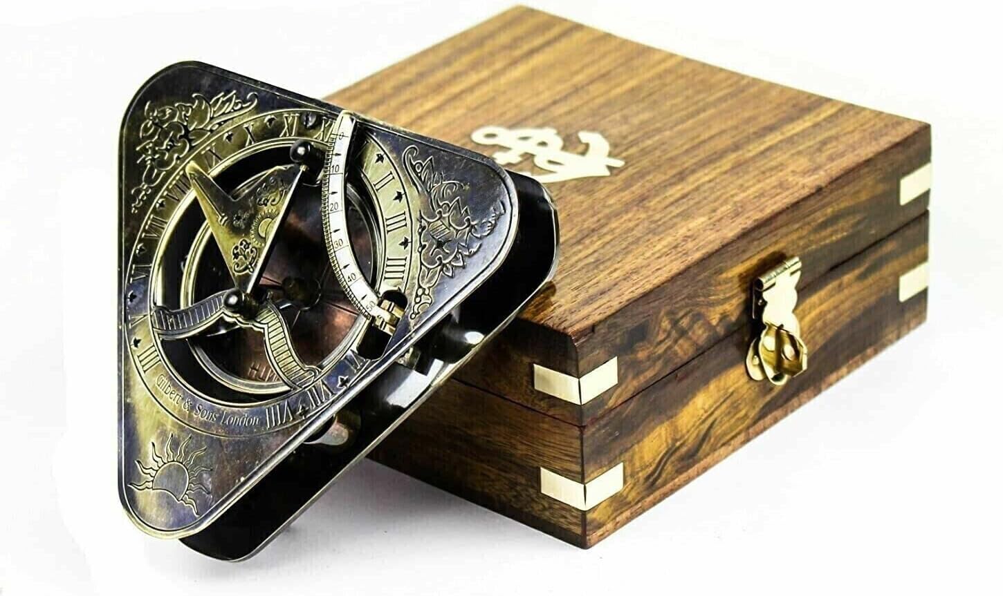 Nautical Brass Sundial Antique Brass Triangular Navy Sundial Compass Wooden Box.