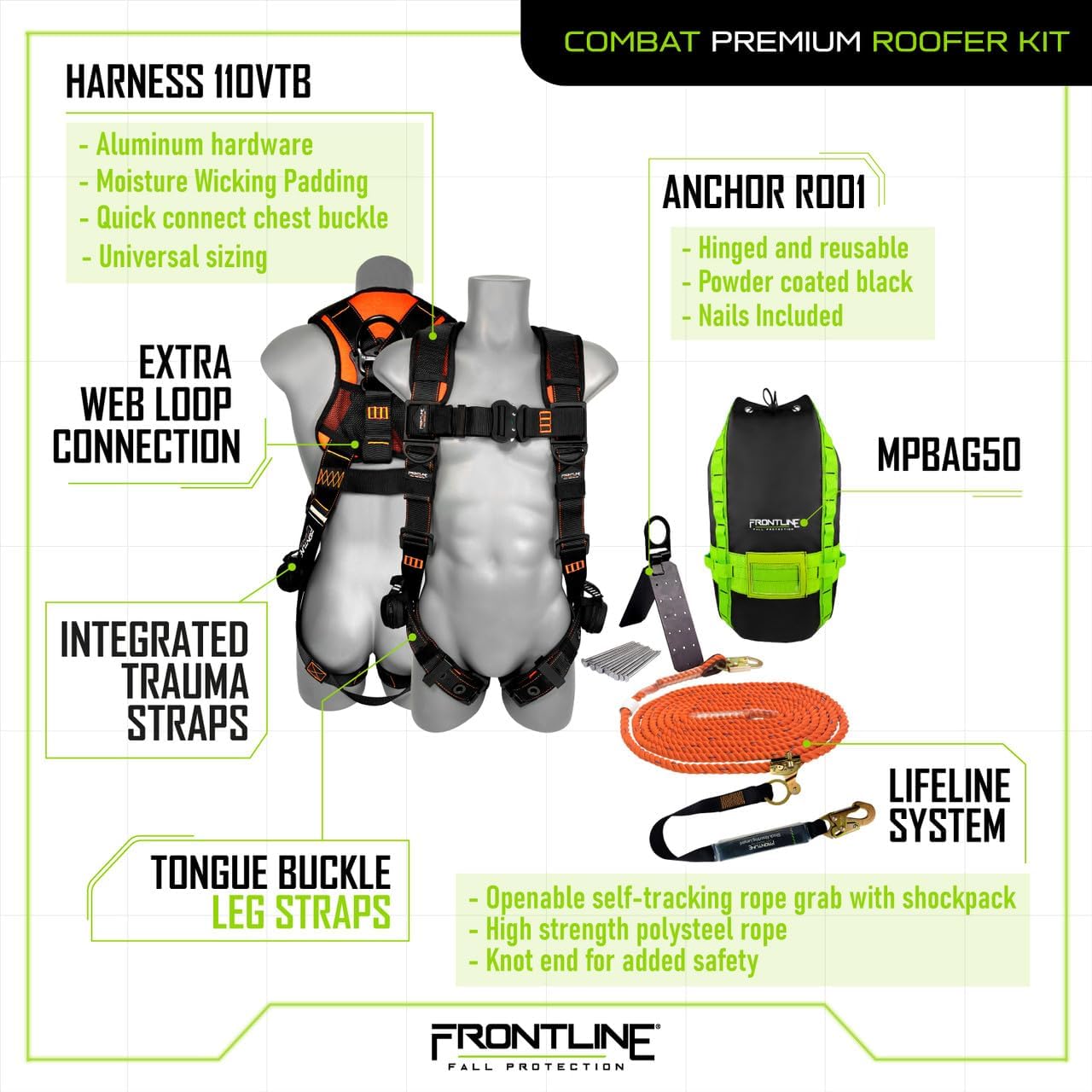 Frontline RK110V50 Combat™ Premium Complete Roofers Kit | Includes Combat Harness, Roof Anchor & Vertical Lifeline with Rope Grab | Safety Orange Visibility | Universal Fit | ANSI & OSHA Compliant