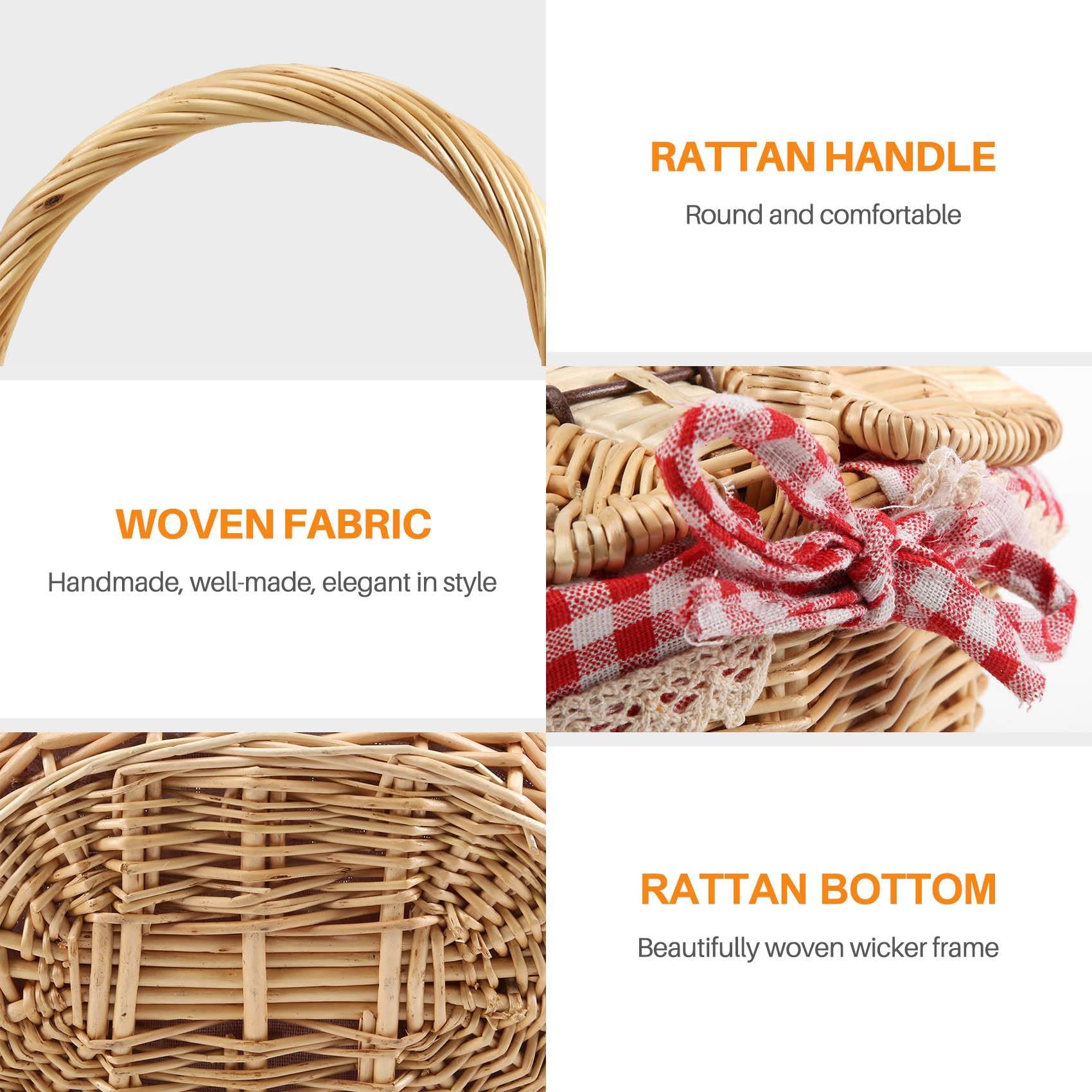 10X Panier de Panier de Pique-Nique en Osier de Style Campagnard avec Couvercle et Poignée et Doublures pour Pique-Niques, Fêtes et Barbecues