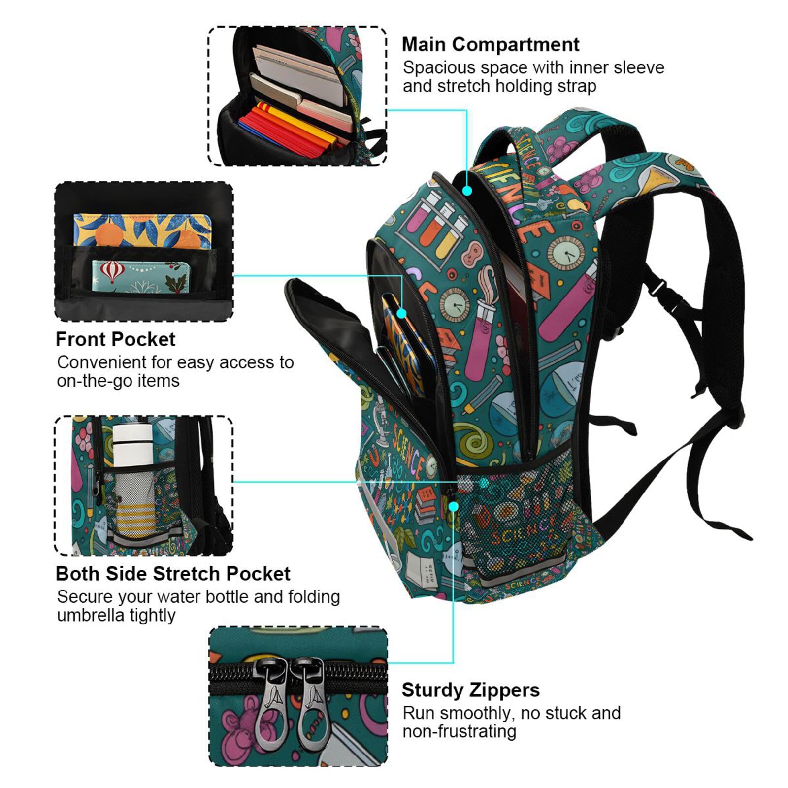 ALAZA Divertente Cartone Animato Carlini Cucciolo Cani Zaini Viaggio Laptop Daypack Scuola Libro Borsa per Uomini Donne Adolescenti Bambini 33, Scienza, one-size, Zaini Daypack