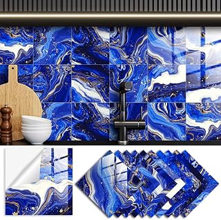 Set of 10 Piece Self Adhesive Tile Stickers Kitchen Backsplash Decorative Peel and Stick Decals Marble Blue White Vinyl Wallpaper 8x8 inches