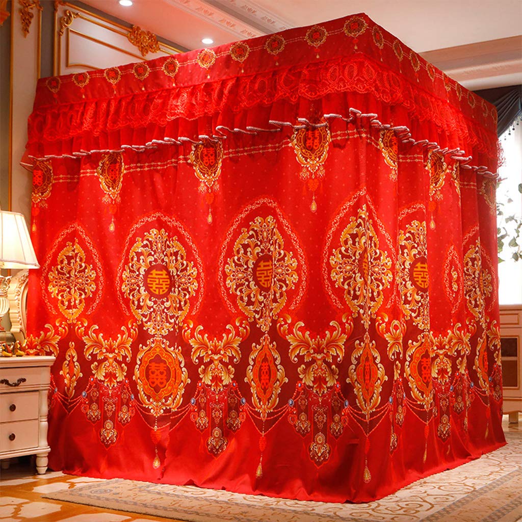 Roter romantischer 4-Eckpfosten mit luxuriösem Betthimmel, Vorhanghimmel 2-in-1 für Mädchen, Frauen, Erwachsene, Hochzeit, Schlafzimmer, Kinderzimmer, Bettdekoration (roter Betthimmel, voll)