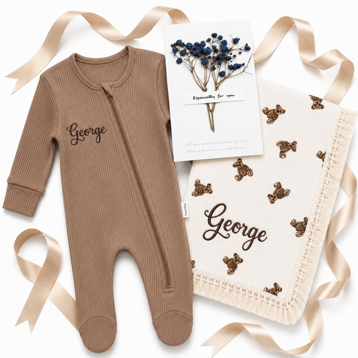 Personalised Baby Blanket & Romper Gift Set, Embroidered Name (O1, 18-24M)
