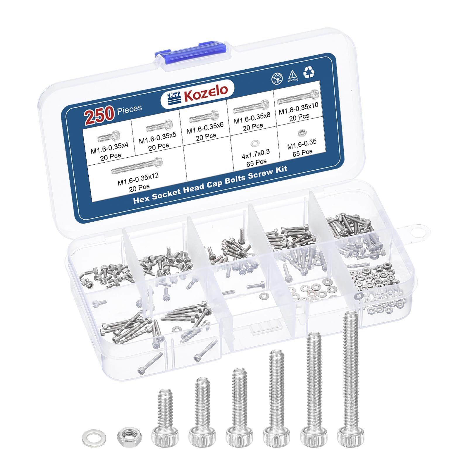 Kozelo 250pcs M1.6 Socket Head Cap Screws Bolts Nuts Assortment Kit