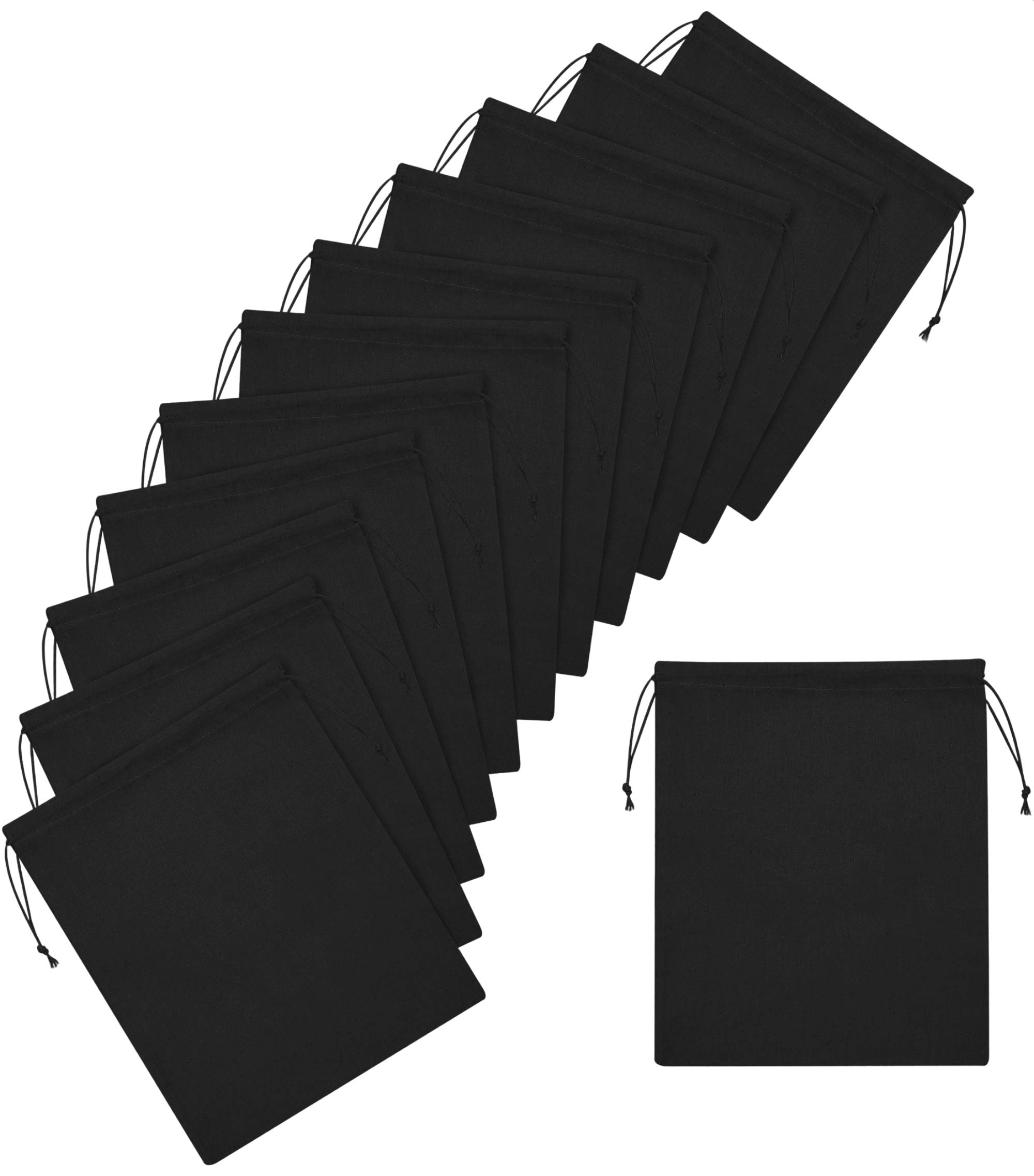 DR Black Cotton Drawstring Bags (10 x 12 Inch - 12 Pack) for Storage Pantry Wardrobe Organization Travel