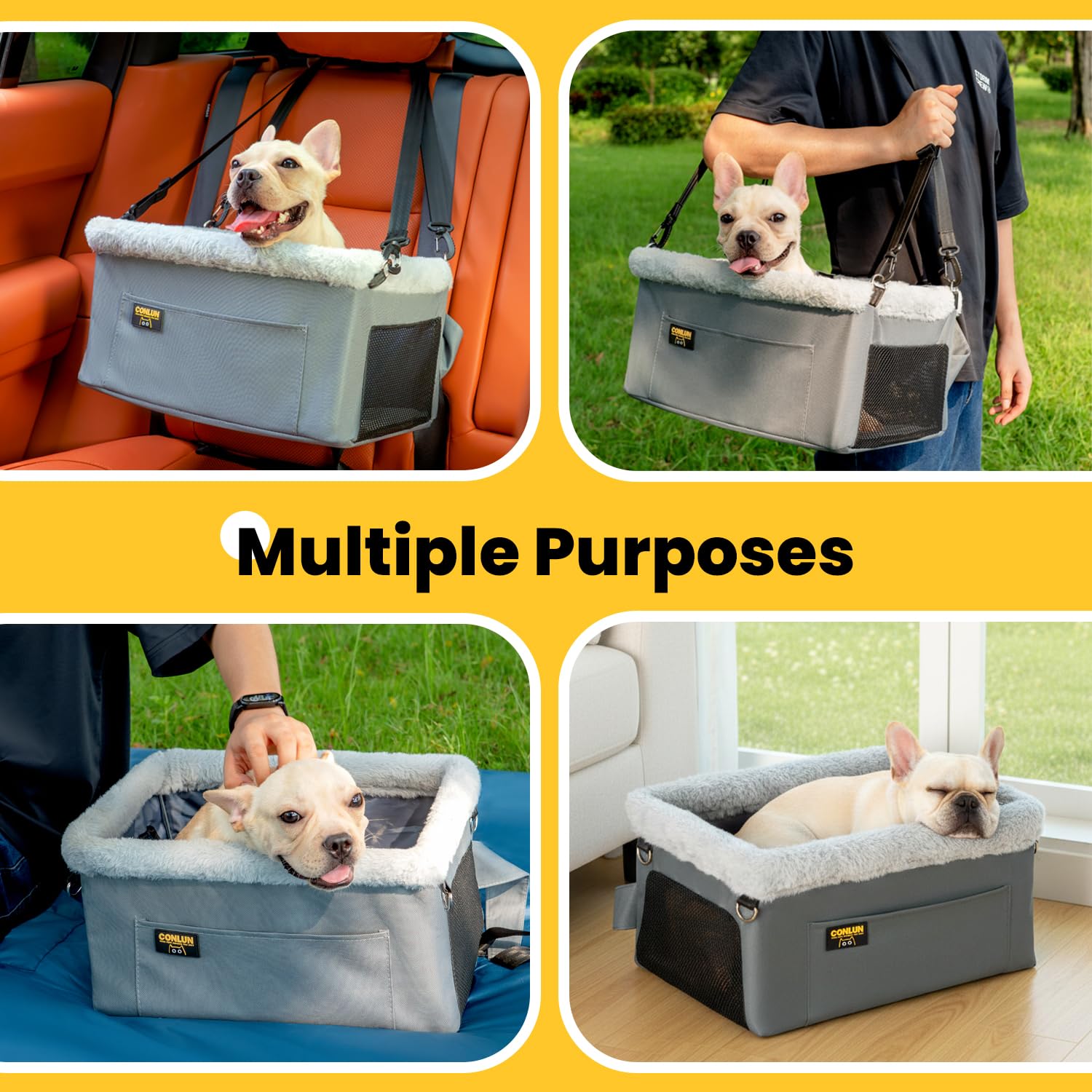 Conlun Dog Car Seat Booster for Small Pet Under 20lbs, Portable Travel Puppy Car Seat with Internal Steel Frame, Comfort Cushion & Storage Pockets, Adjustable Straps Fit Most Cars, Grey - image 6
