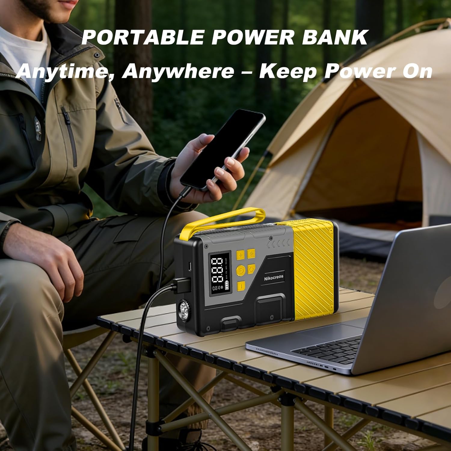 Portable Car Jump Starter with Air Compressor for Emergencies,3000A Peak and 150 PSI Max,for 12L Gas & 10L Diesel Engines,LCD Display,LED Light