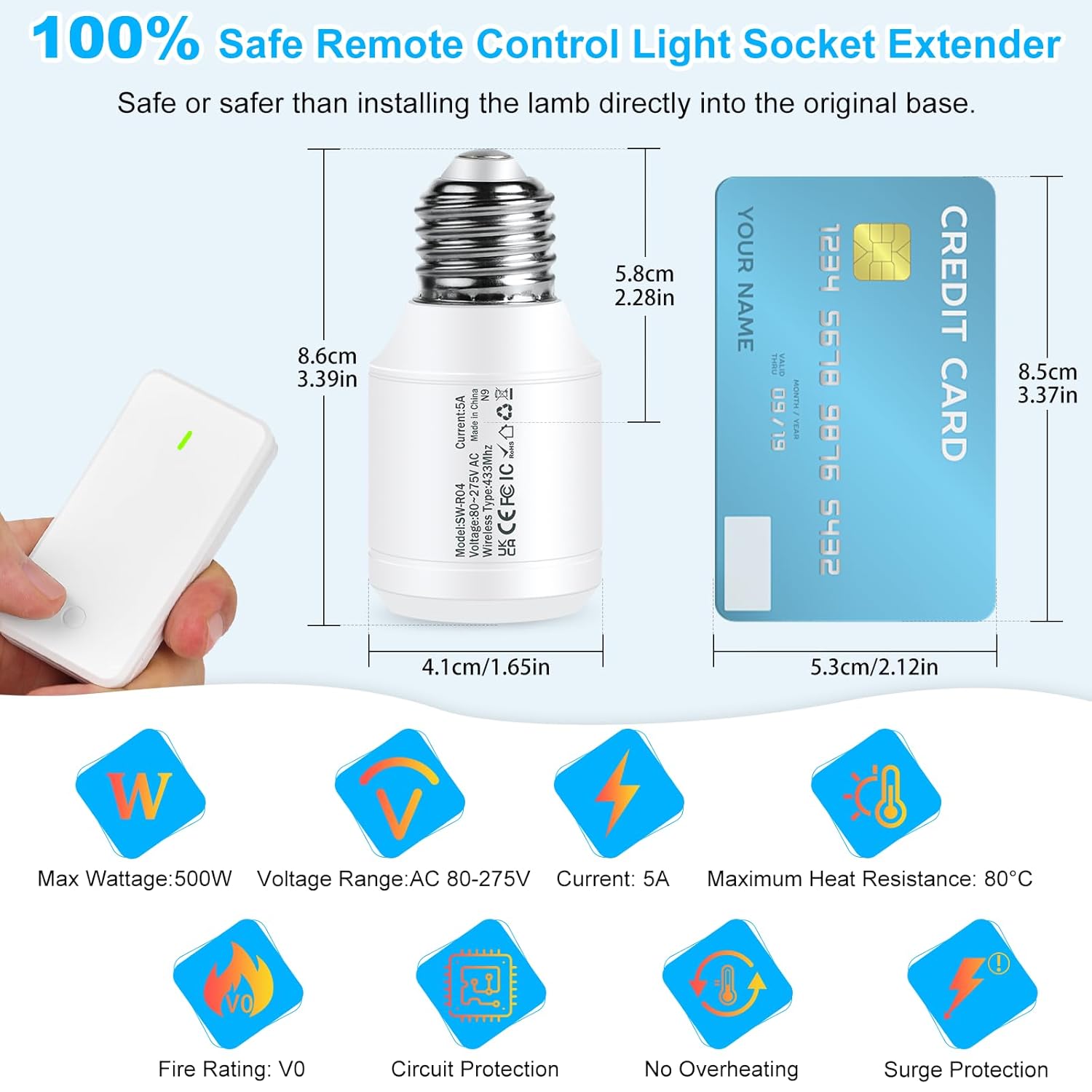 Remote Control E26 E27 Light Bulb Socket Adapter,GreenCyle Standard Medium Base Lamp Socket Extender 2.3"(5.8cm),Screw-in Light Socket,Max 500W,No Wiring Needed,500ft RF Range,for Lamp,Home & Office