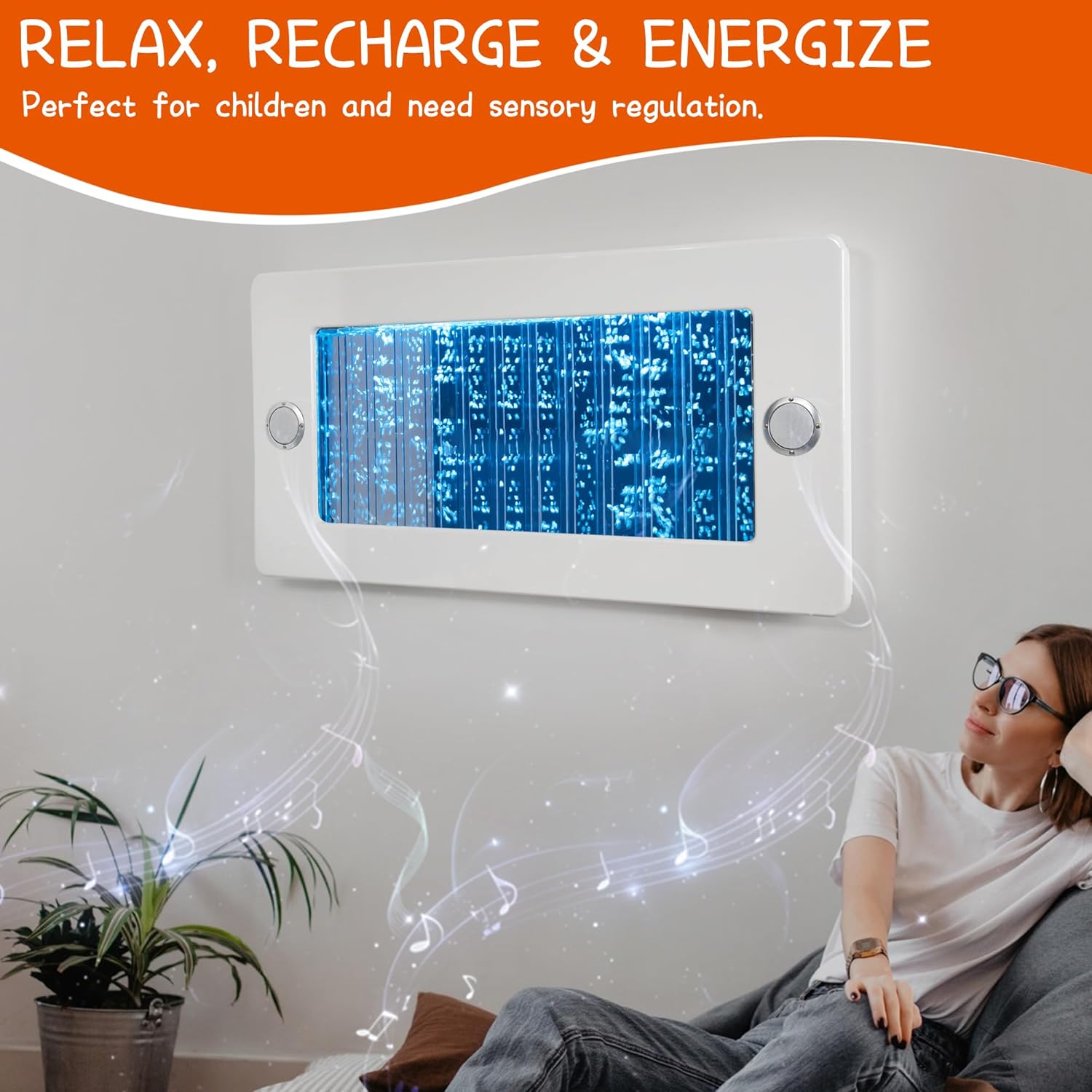 Tenmind Sensory Bubble Wall – Rectangular LED Water Panel with Color-Changing Lights & Bluetooth Speaker, Ideal for Autism, ADHD Calming Corners, Schools & Homes