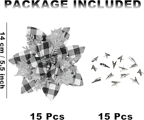 Miniatura 2 de Sawowkuya 15 piezas de flores de Pascua artificiales negras con purpurina para decoración de árbol de Navidad, decoración de corona de fiesta de boda