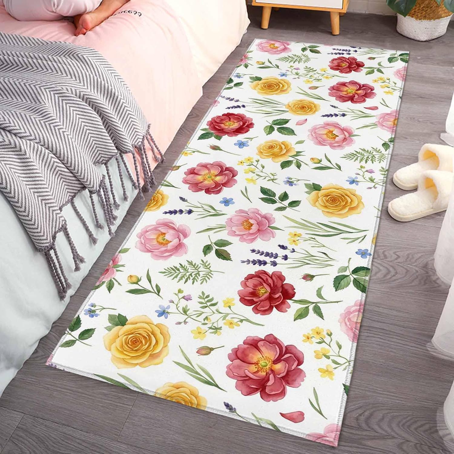 Kitchen Mats for Floor Pastoral Rose Spring Fern Leaves Washable Non Slip Kitchen Rugs 1PCS, Country Lavender Wild Flower Absorbent Standing Mats for Sink Bathroom Office Living Room 23.6x70.9in