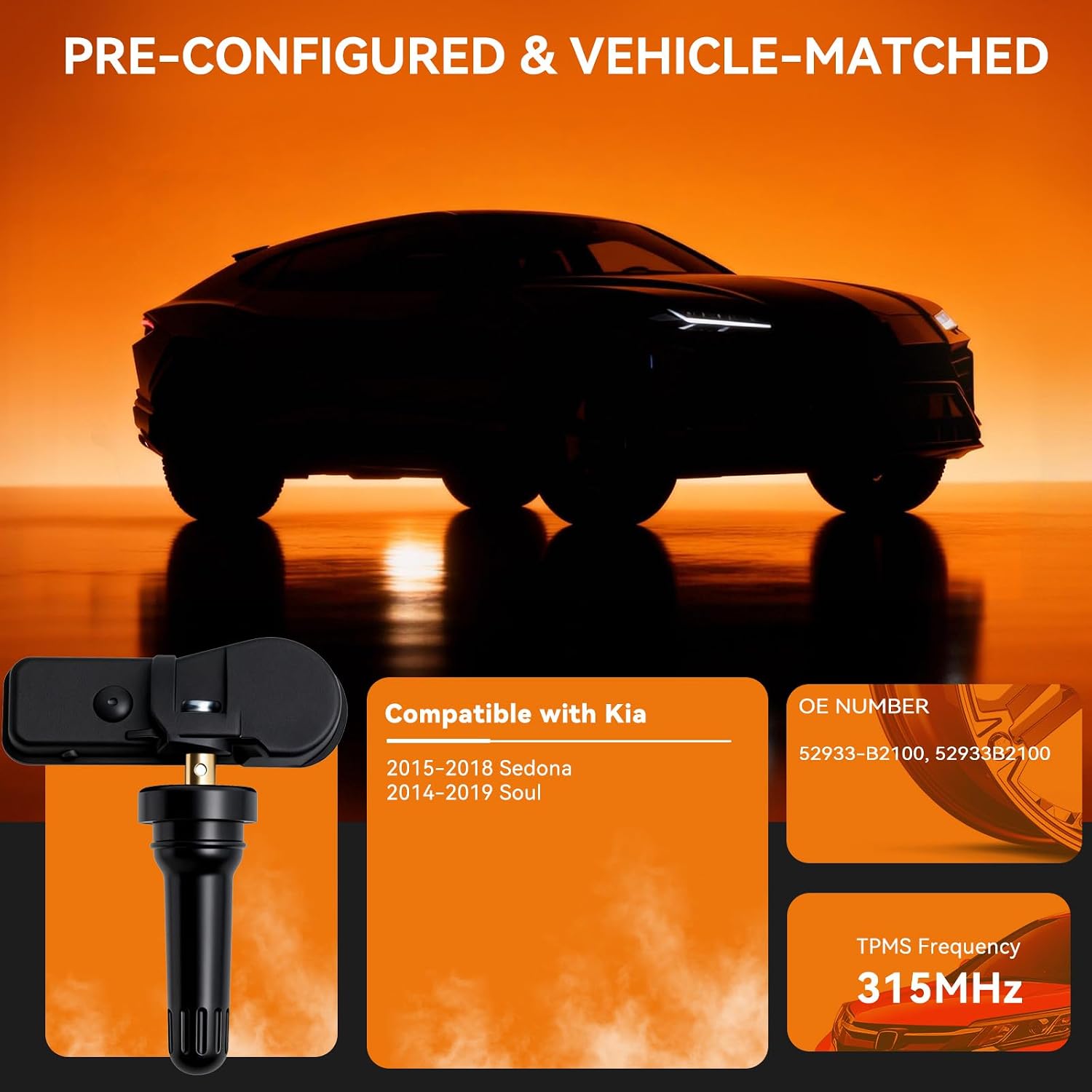 4PCS Pre-Programmed Tire Pressure Monitoring Sensor 315MHz TPMS 52933-B2100 Fit for Kia 2015-2018 Sedona 2014 2015 2016 2017 2018 2019 14 15 16 17 18 19 Soul 52933B2100