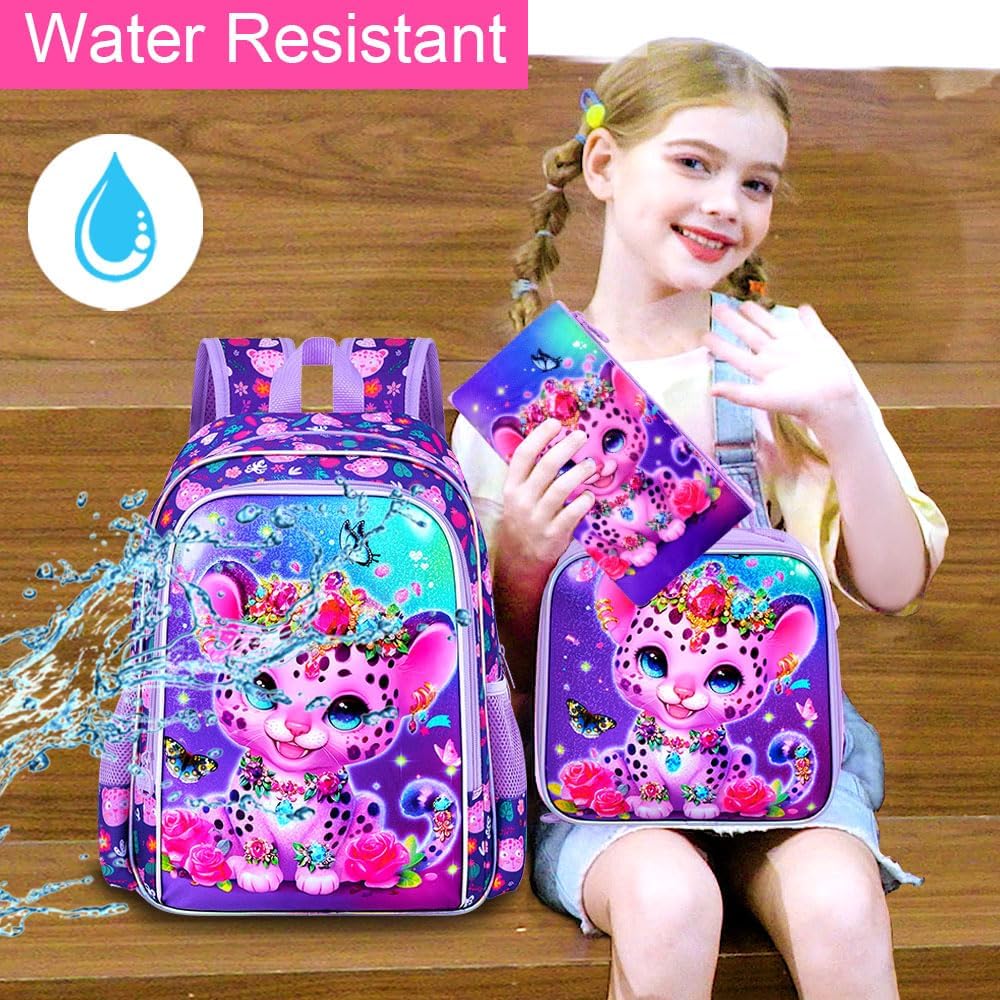 3Pcs Girls Backpack, 16" Kids Bookbag with Lunch Box，Leopard School Backpacks for Elementary Preschool Kindergarten (Purple) - Image 8