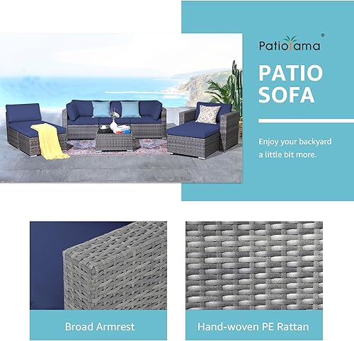 Miniatura 6 de Patiorama Juego de sofá de 2 piezas para patio, sofá seccional para exteriores, juego de conversación de mimbre de polietileno gris para todo tipo