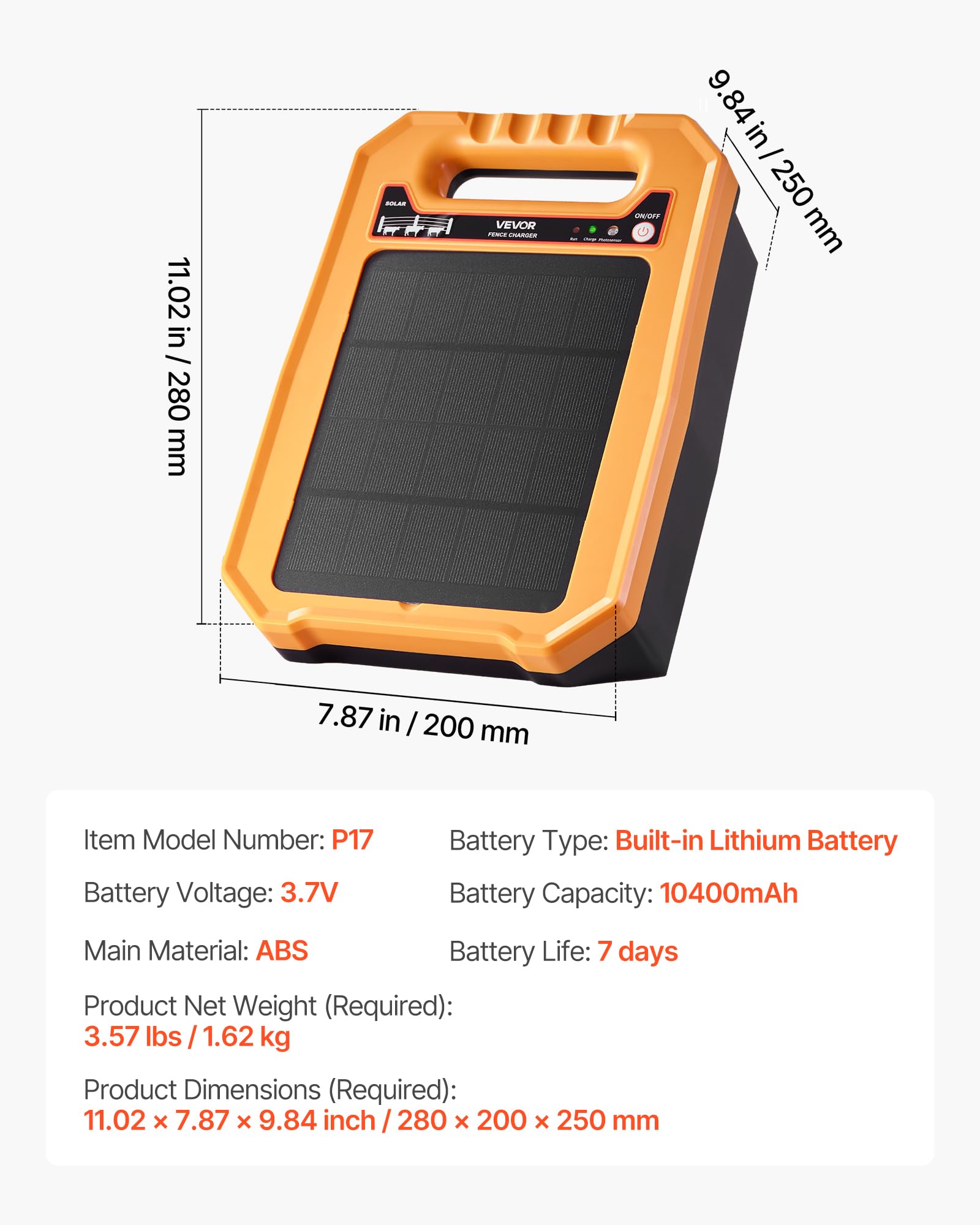 VEVOR Cargador Solar para Cercas 0,3 J Alcance de 3 km Kit de Energizador para Cercas Eléctricas Resistente a la Intemperie, 7 Días de Autonomía para Ganado, Aves de Corral, Protección de Jardines
