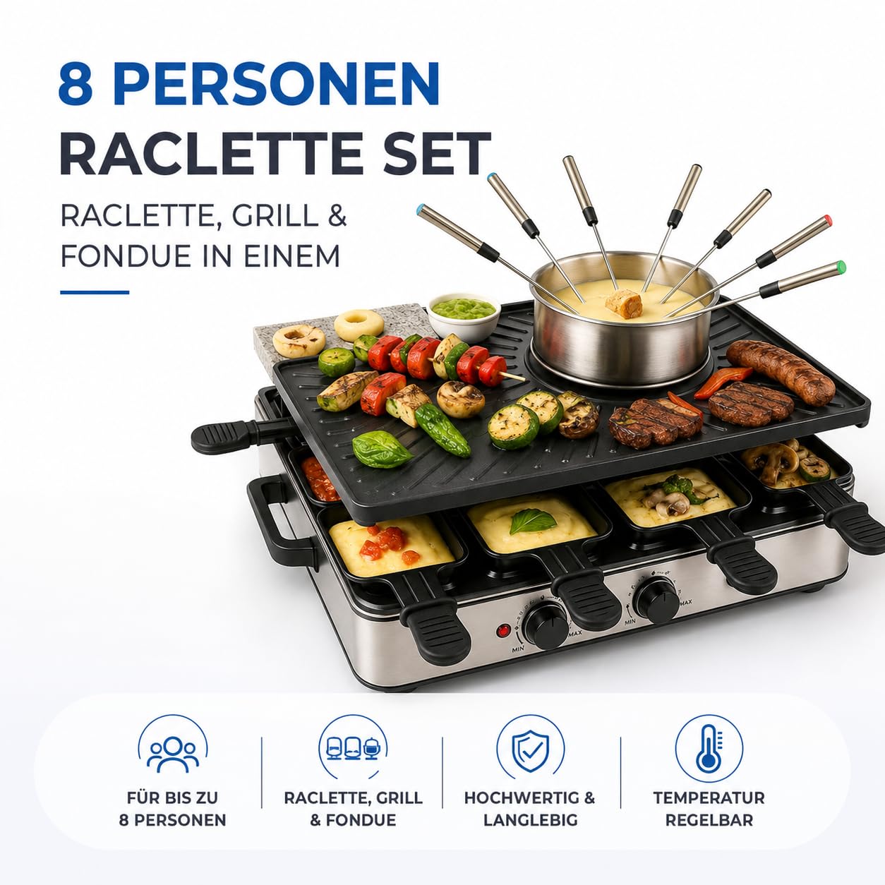 Appareil à raclette pour 8 personnes - Avec plaque de cuisson et fonction plaque de pierre - Barbecue de table avec poêlons et grattoir