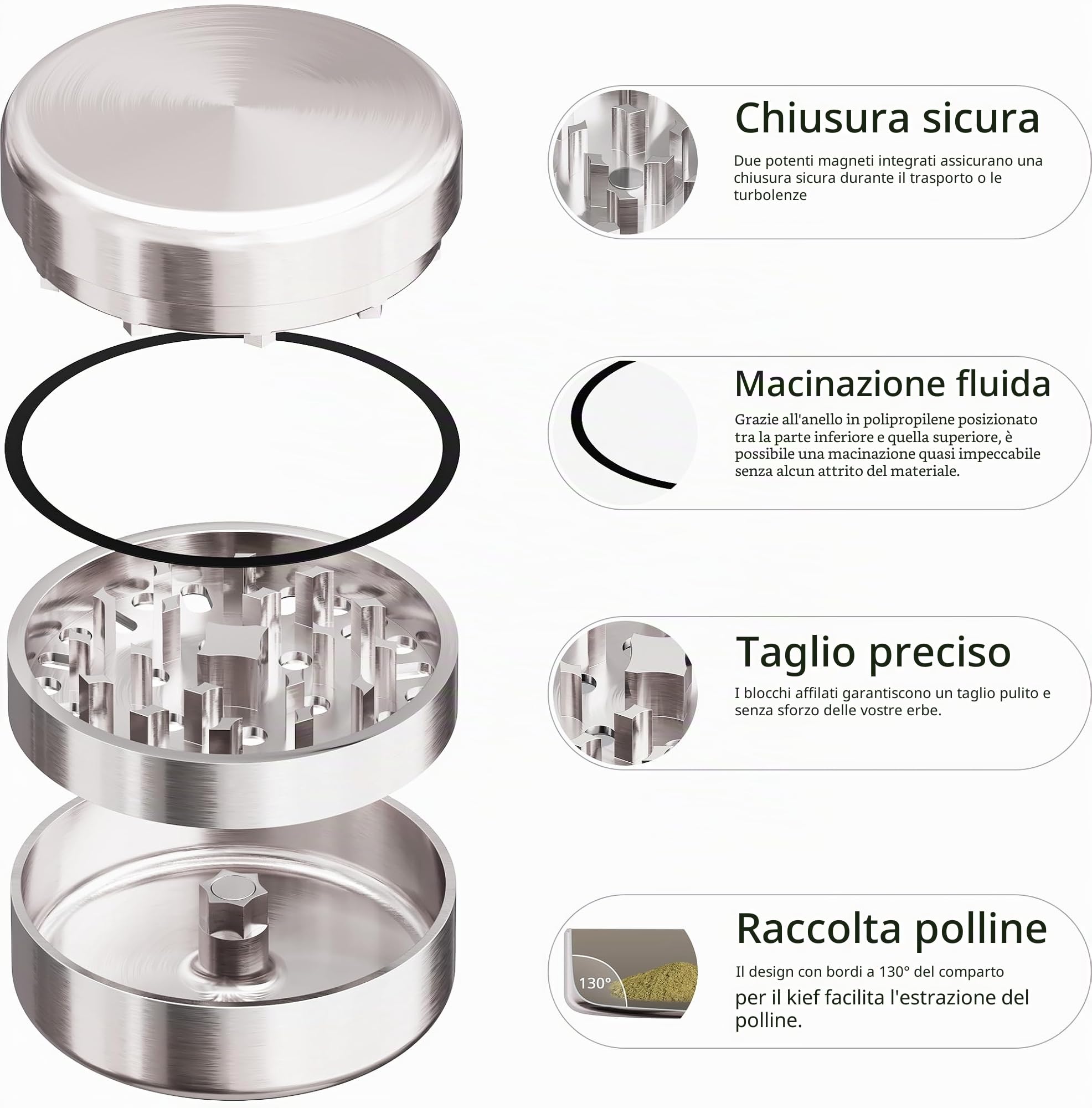 Grinder Premium - Macinino per erbe aromatiche in acciaio inox, 3 pezzi, con meccanismo affilato, diametro 62 mm, custodia protettiva inclusa