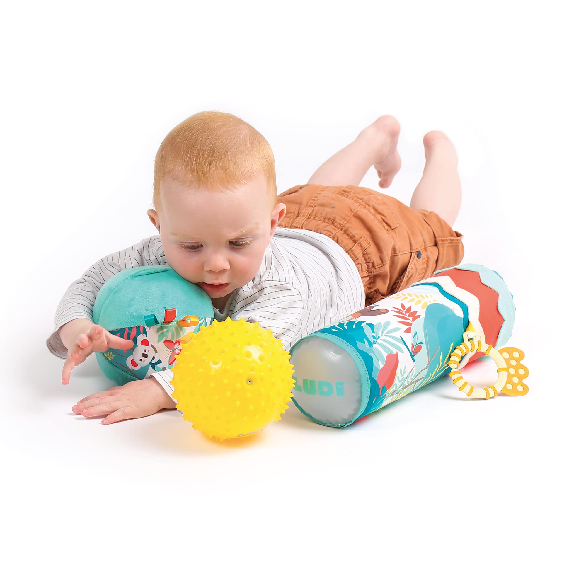 Ludi - Baby Awakening Set - 1 Inflatable Tube and 2 Sensory Balls - From 6 Months, Yellow, Water Green, Red, Blue - Image 2