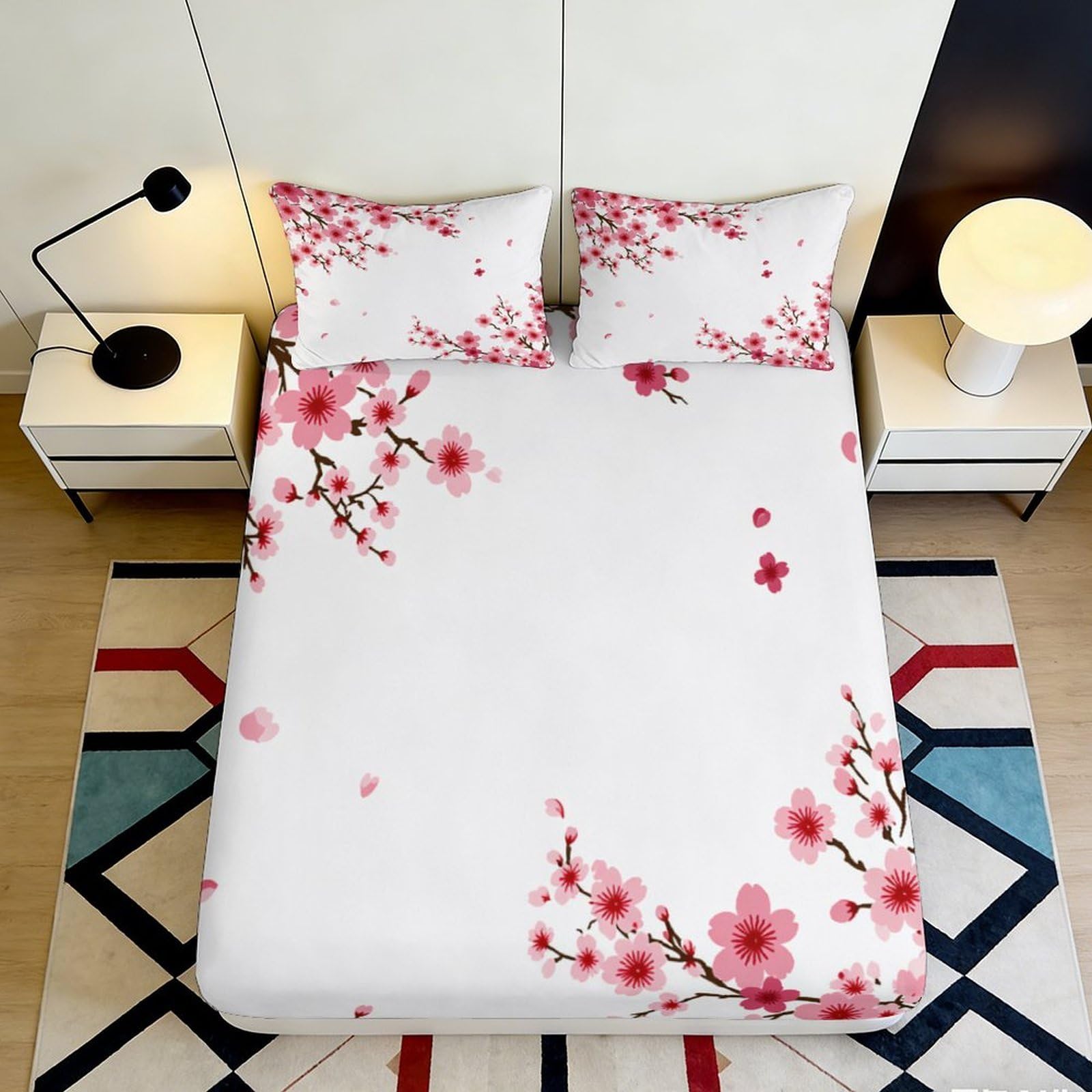 3D Printed Cherry Blossom Fitted Sheet Microfiber Soft White Pink Floral Bed Cover Anti-Slip Easy Care for Bedroom Guestroom 90x200x25cm