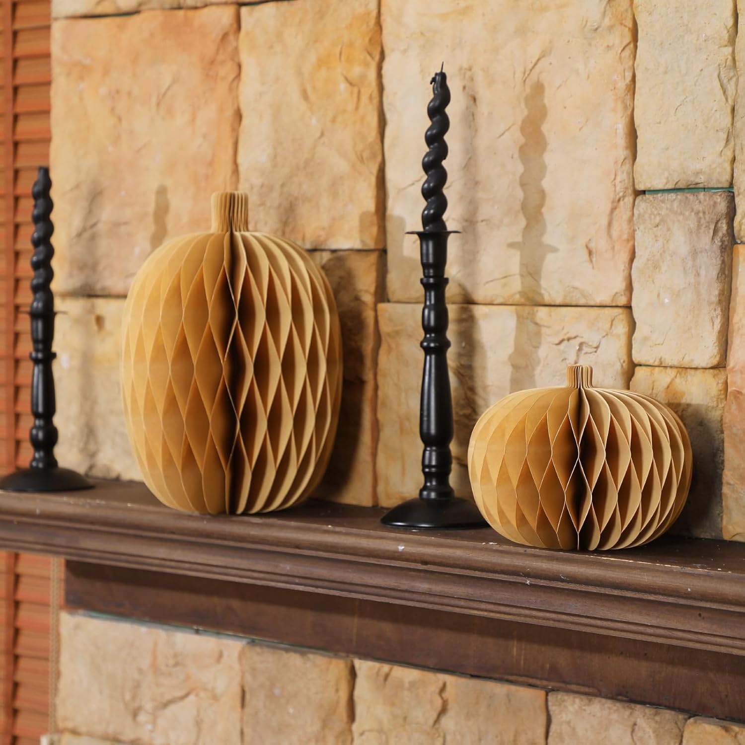 Spiareal 4 Pcs Extra Large Halloween Pumpkin Honeycomb Centerpiece 3D Thick Paper Fall Pumpkin Brown Reusable Paper Honeycomb Decor for Holiday Thanksgiving Home Door Fireplace Desktop Floor