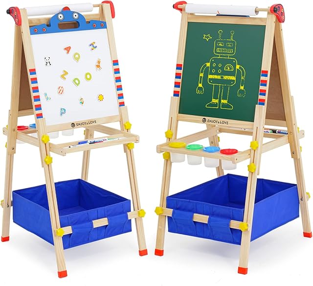 Wooden Easel for Kids 3 in 1 Kids Easel with Paper Roll Adjustable Height Art Easel, Double Sided Chalkboard & Whiteboard for Kids Toddlers Birthday Holiday Gifts.
